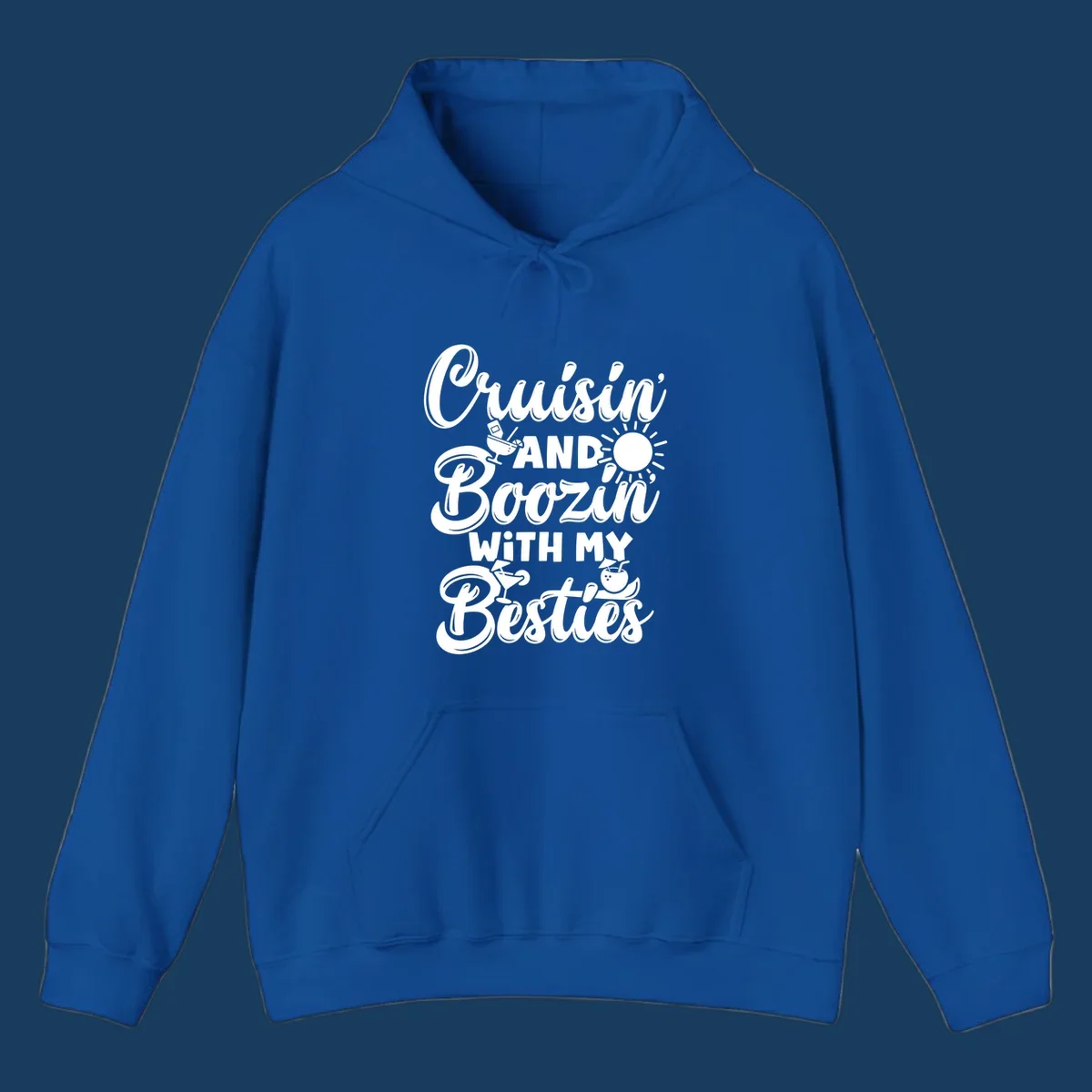 Cruisin and Boozin With My Besties text with cocktail and sun graphics for a cruise vacation.