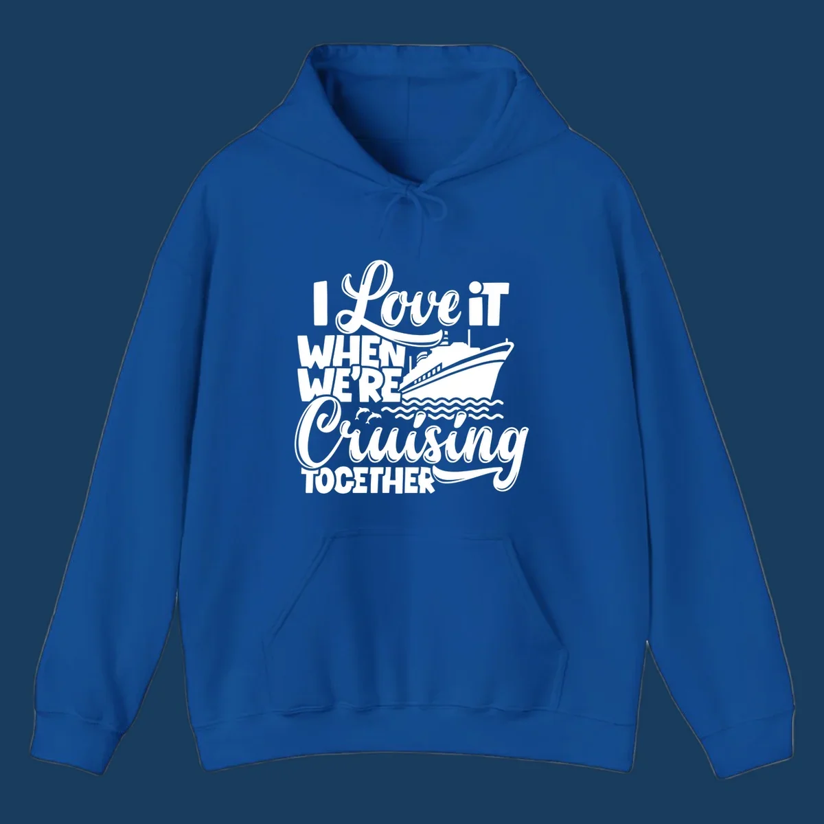 Text 'I Love it When We're Cruising Together' with a cruise ship and dolphins.