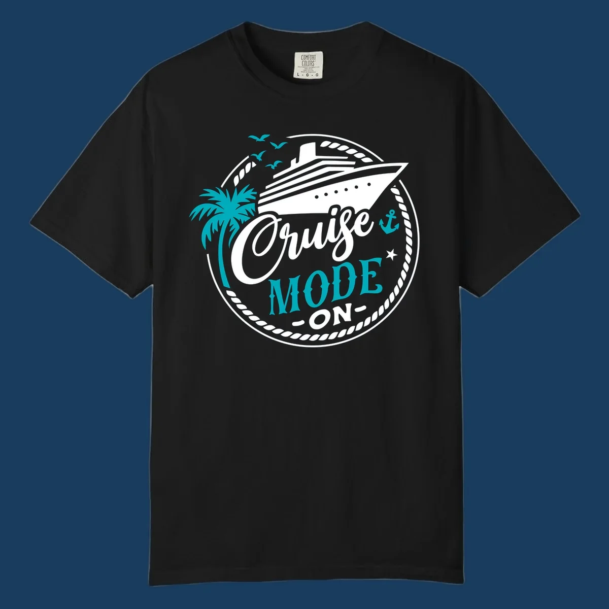 Cruise Mode On graphic with ship, palm tree, and text.