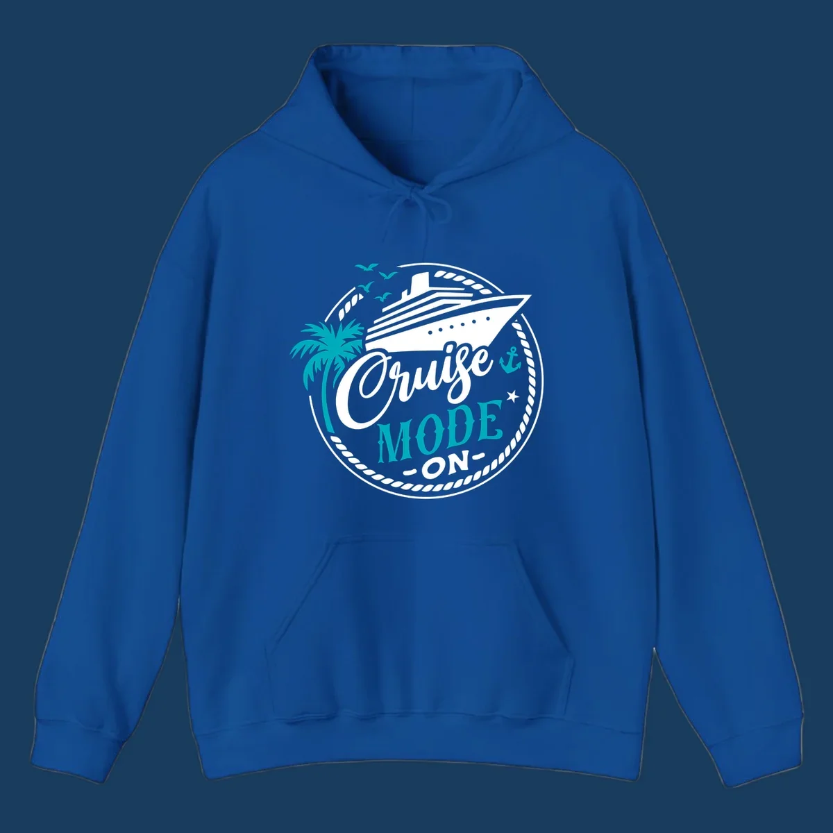Cruise Mode On graphic with ship, palm tree, and text.