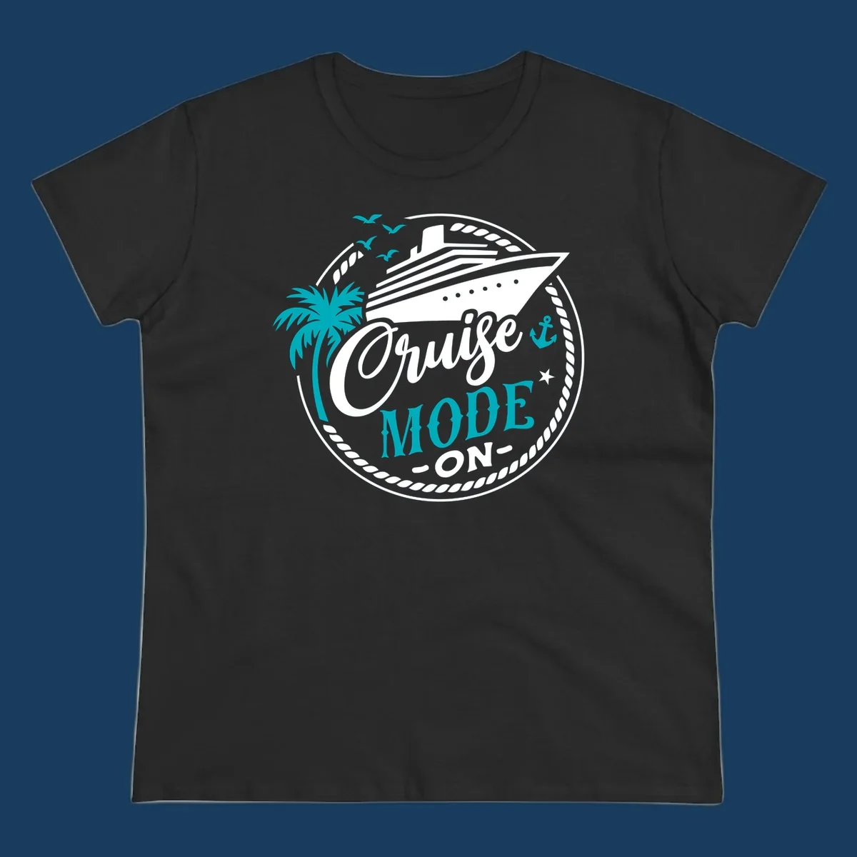 Cruise Mode On graphic with ship, palm tree, and text.
