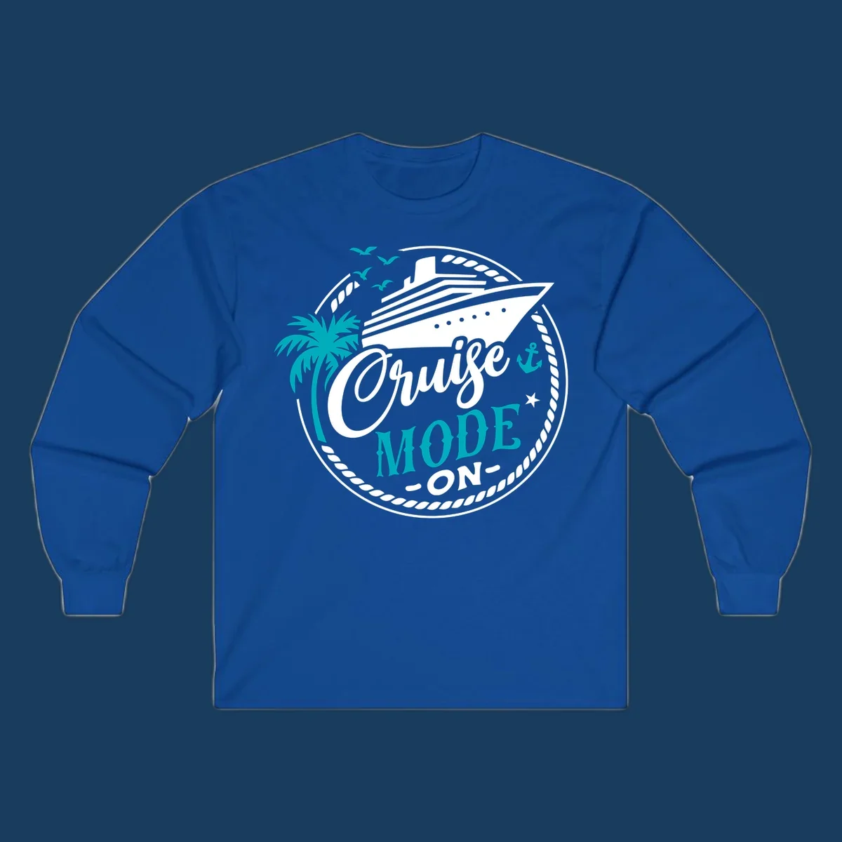 Cruise Mode On graphic with ship, palm tree, and text.