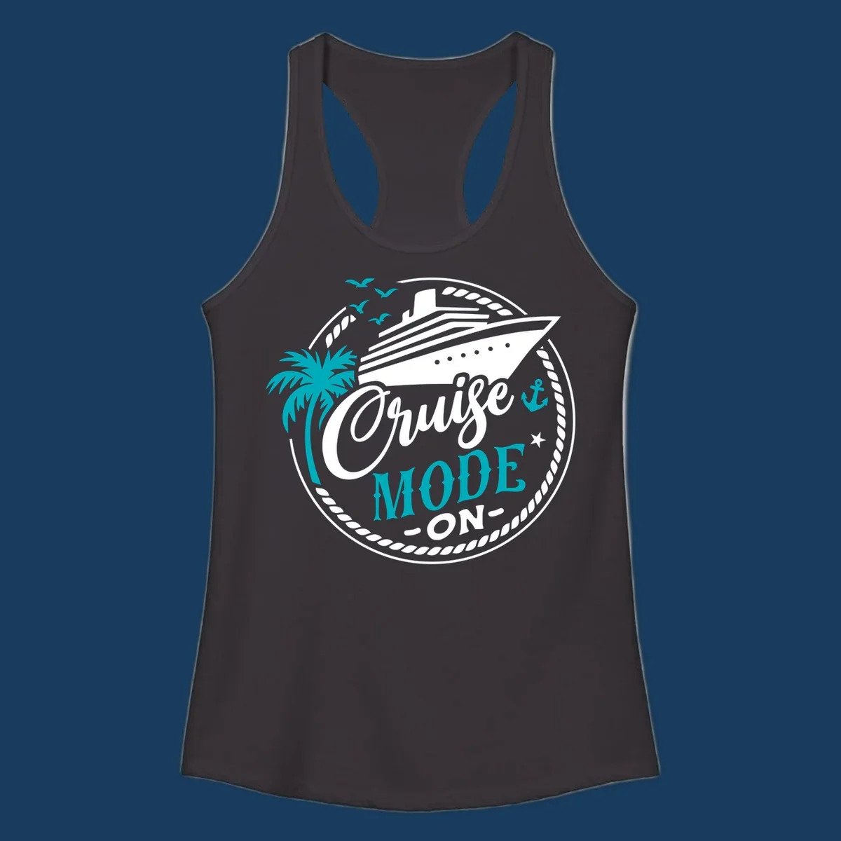 Cruise Mode On graphic with ship, palm tree, and text.