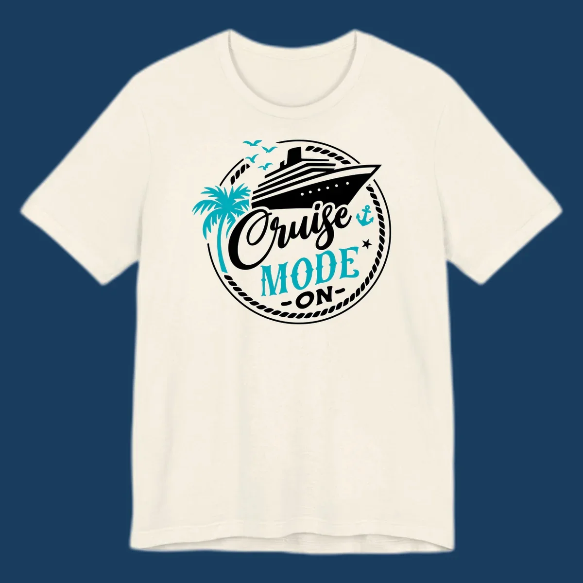 Cruise Mode On graphic with ship, palm tree, and text.