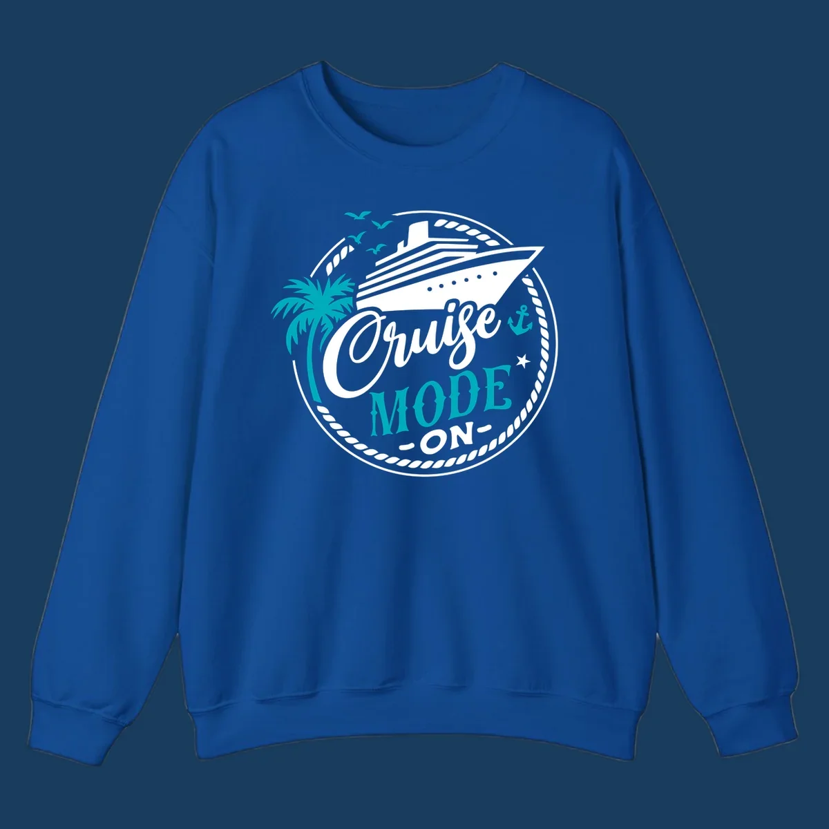 Cruise Mode On graphic with ship, palm tree, and text.