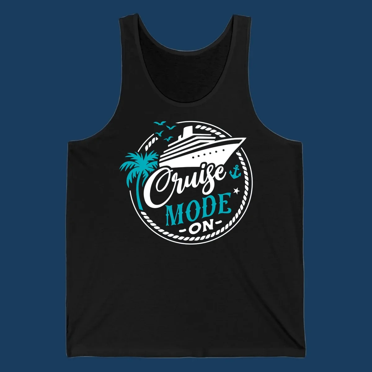 Cruise Mode On graphic with ship, palm tree, and text.