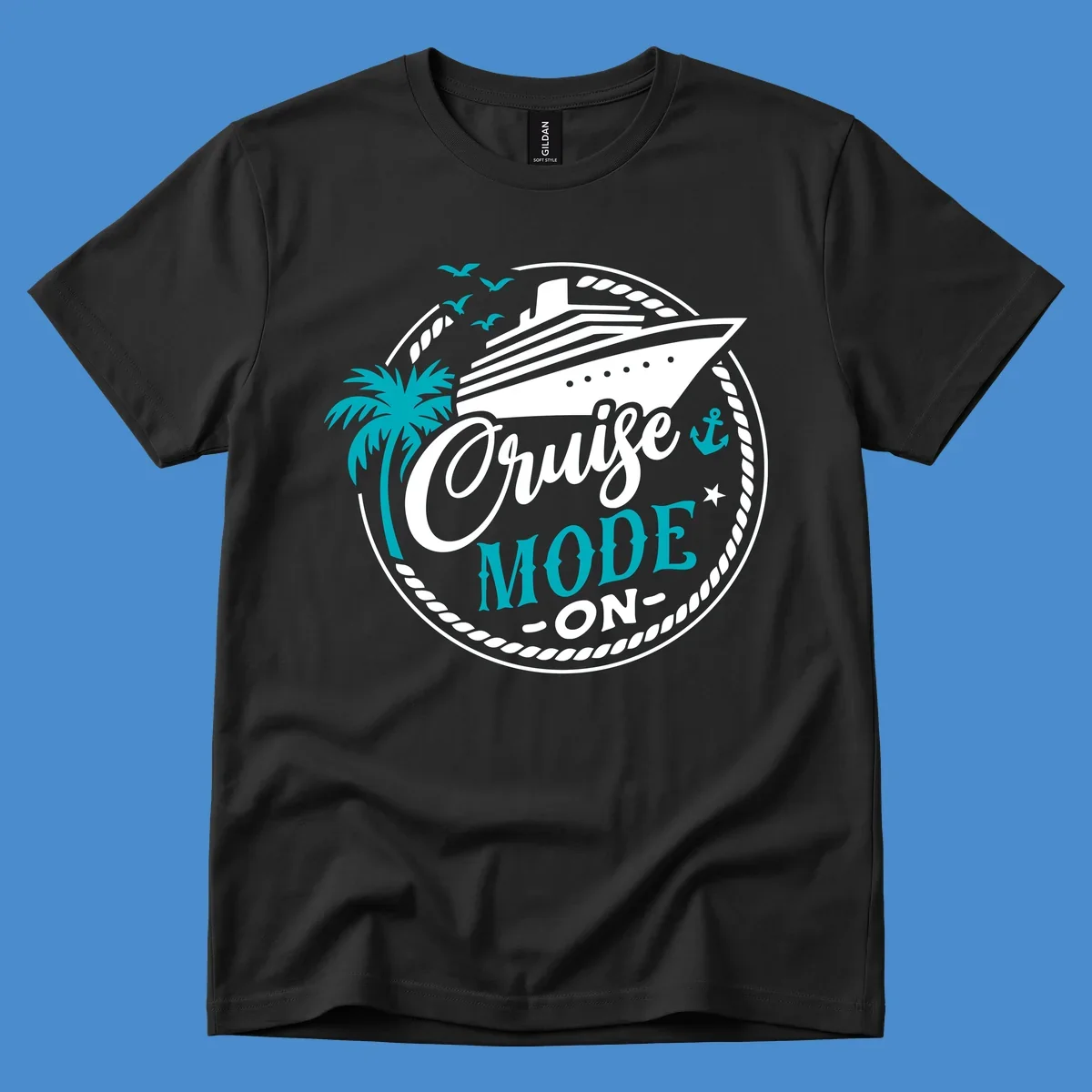 Cruise Mode On graphic with ship, palm tree, and text.