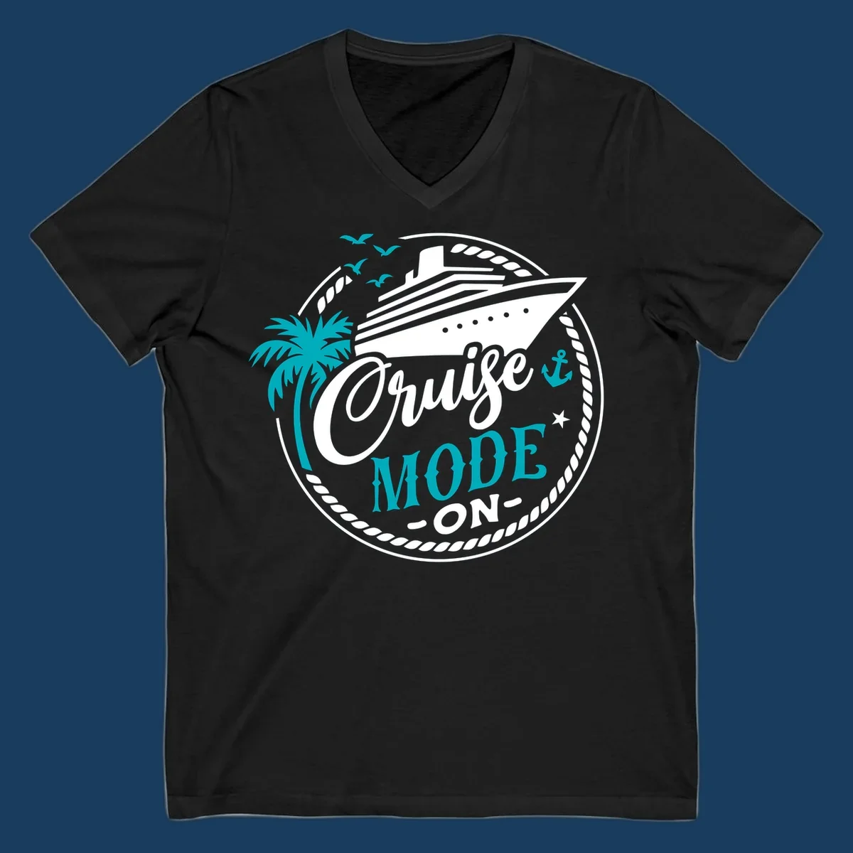 Cruise Mode On graphic with ship, palm tree, and text.