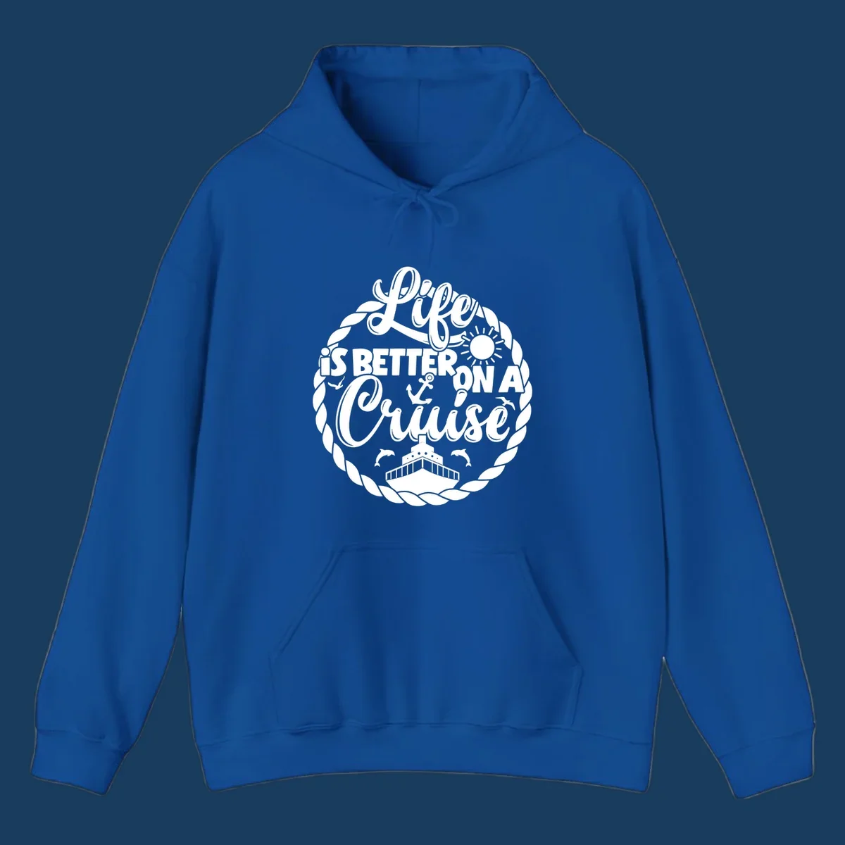 Life is better on a cruise text with ship, dolphins, anchor, sun graphic