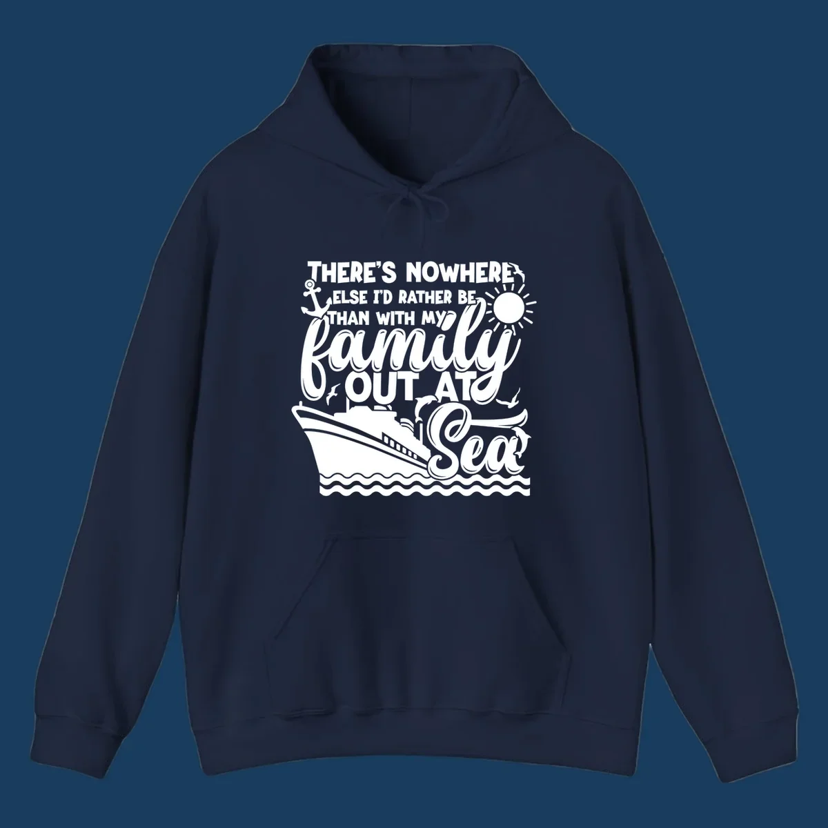 Family out at sea cruise design with ship, sun, anchor, and text.
