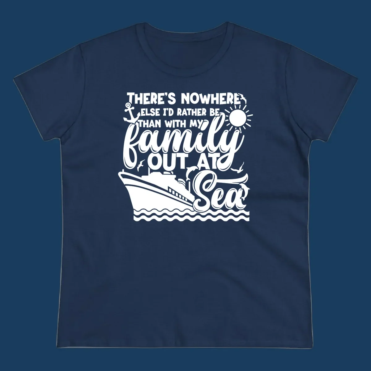 Family out at sea cruise design with ship, sun, anchor, and text.