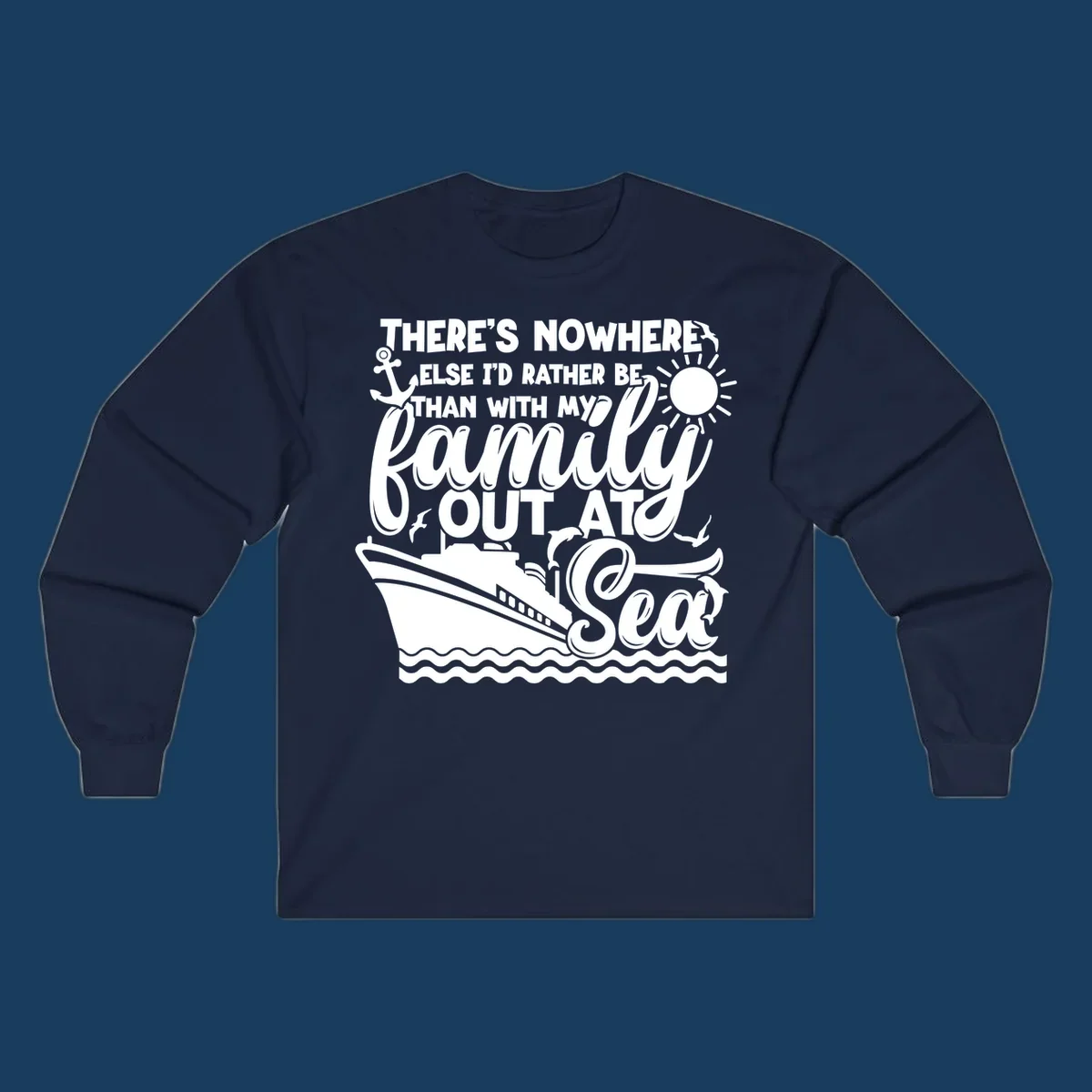 Family out at sea cruise design with ship, sun, anchor, and text.