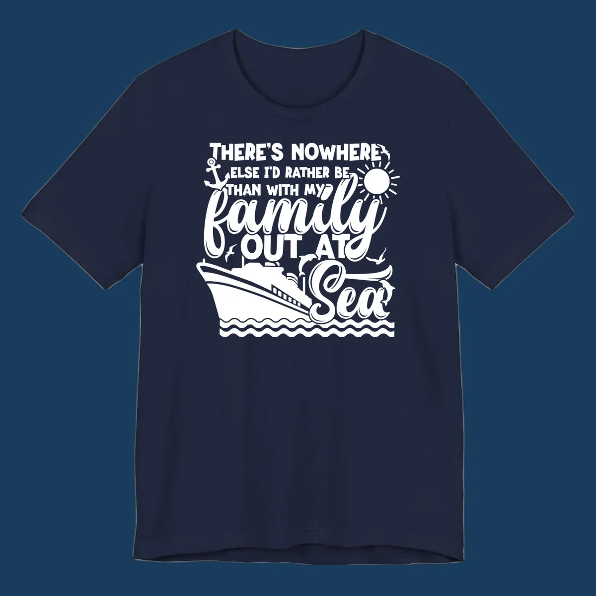Family out at sea cruise design with ship, sun, anchor, and text.