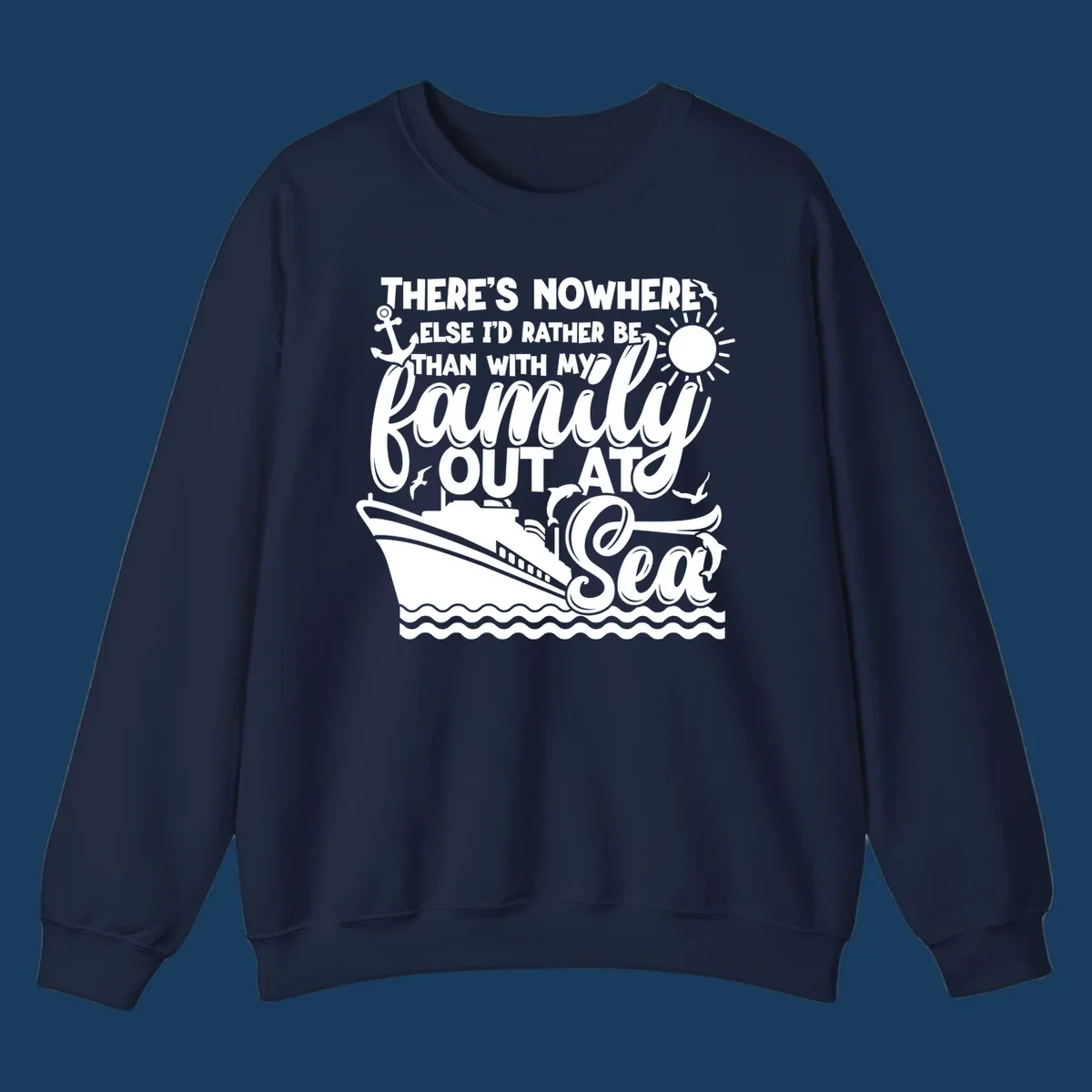Family out at sea cruise design with ship, sun, anchor, and text.