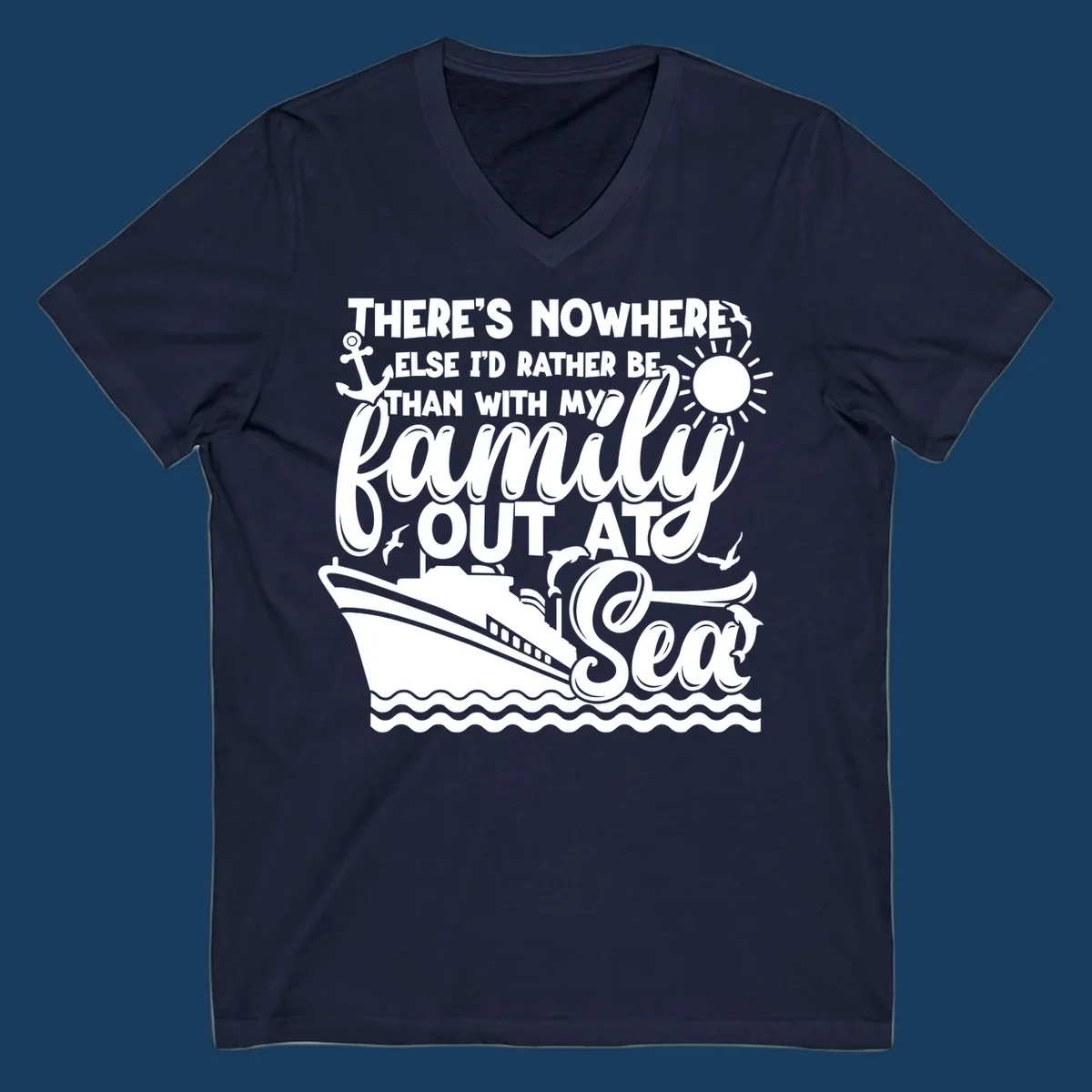 Family out at sea cruise design with ship, sun, anchor, and text.