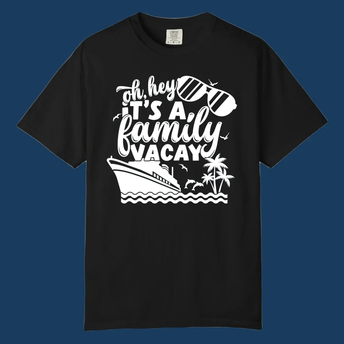 Family vacay cruise design with text, ship, palm trees, and sunglasses.