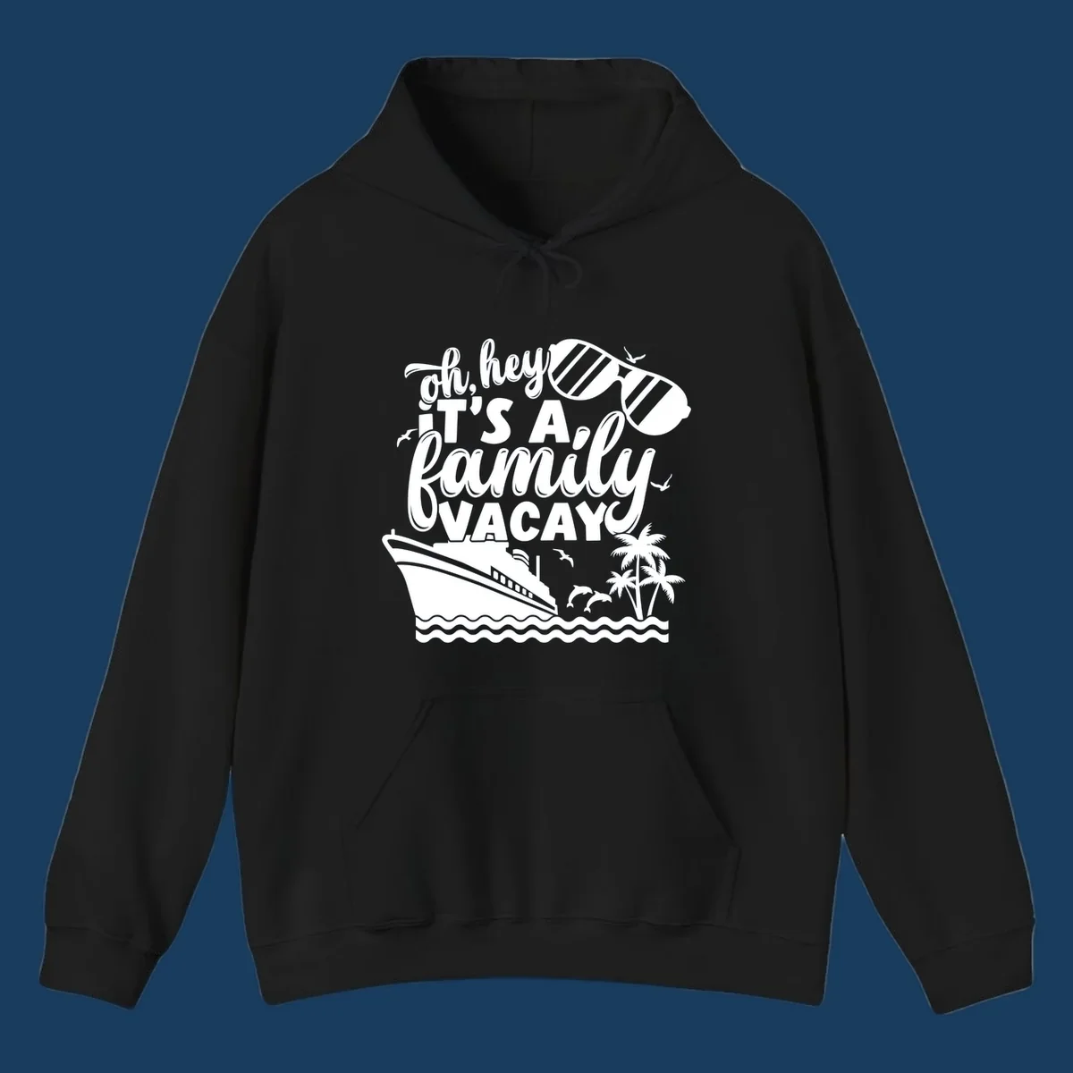 Family vacay cruise design with text, ship, palm trees, and sunglasses.