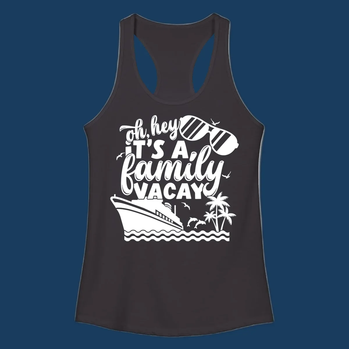 Family vacay cruise design with text, ship, palm trees, and sunglasses.