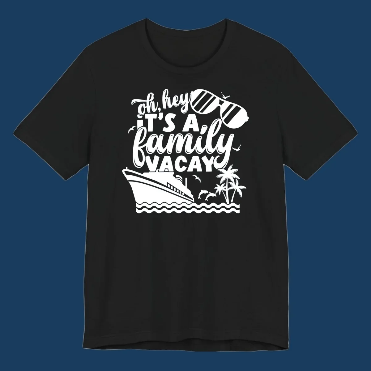 Family vacay cruise design with text, ship, palm trees, and sunglasses.