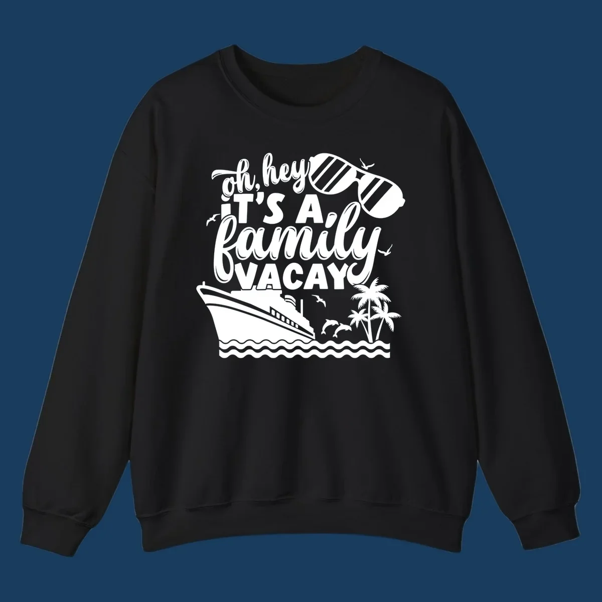 Family vacay cruise design with text, ship, palm trees, and sunglasses.