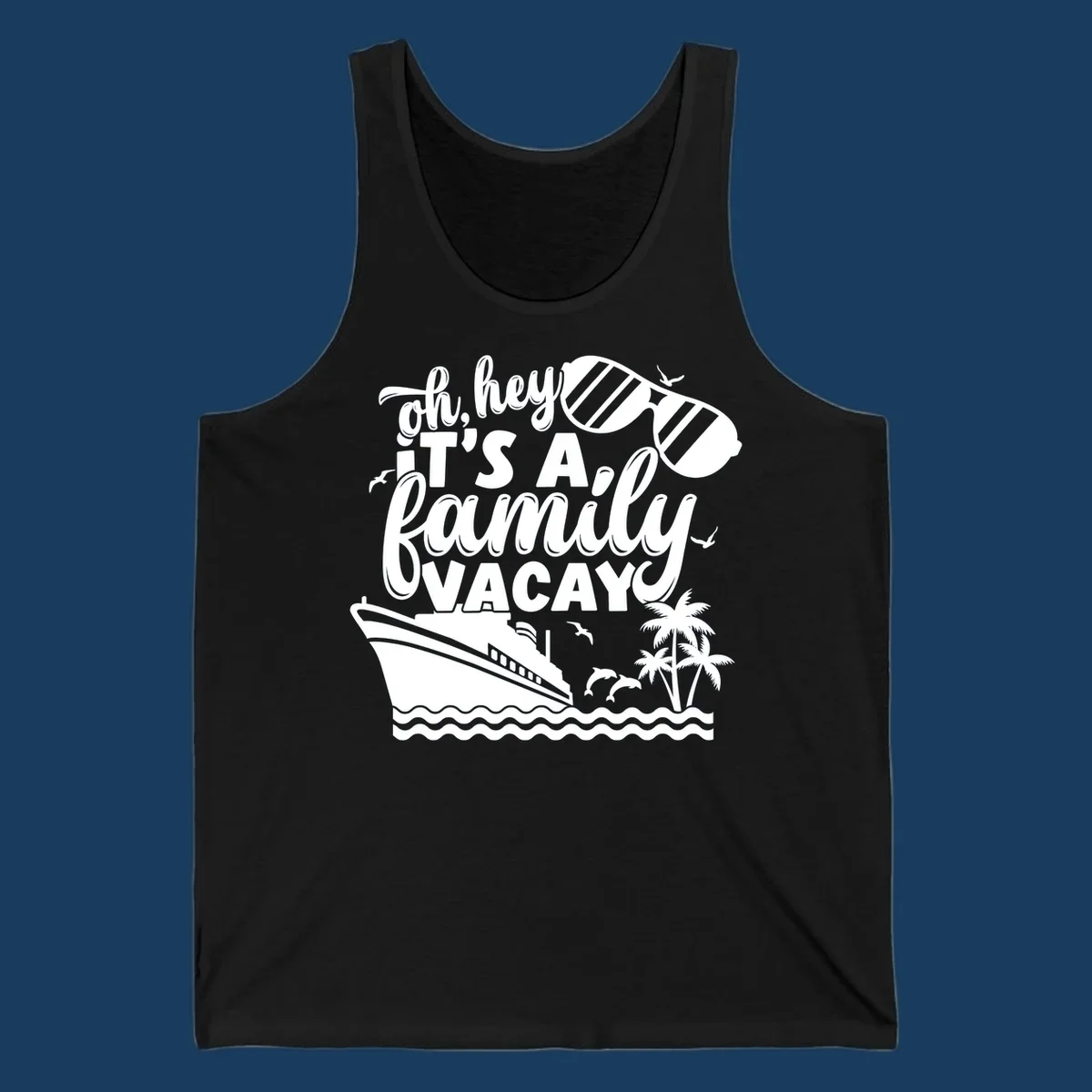 Family vacay cruise design with text, ship, palm trees, and sunglasses.