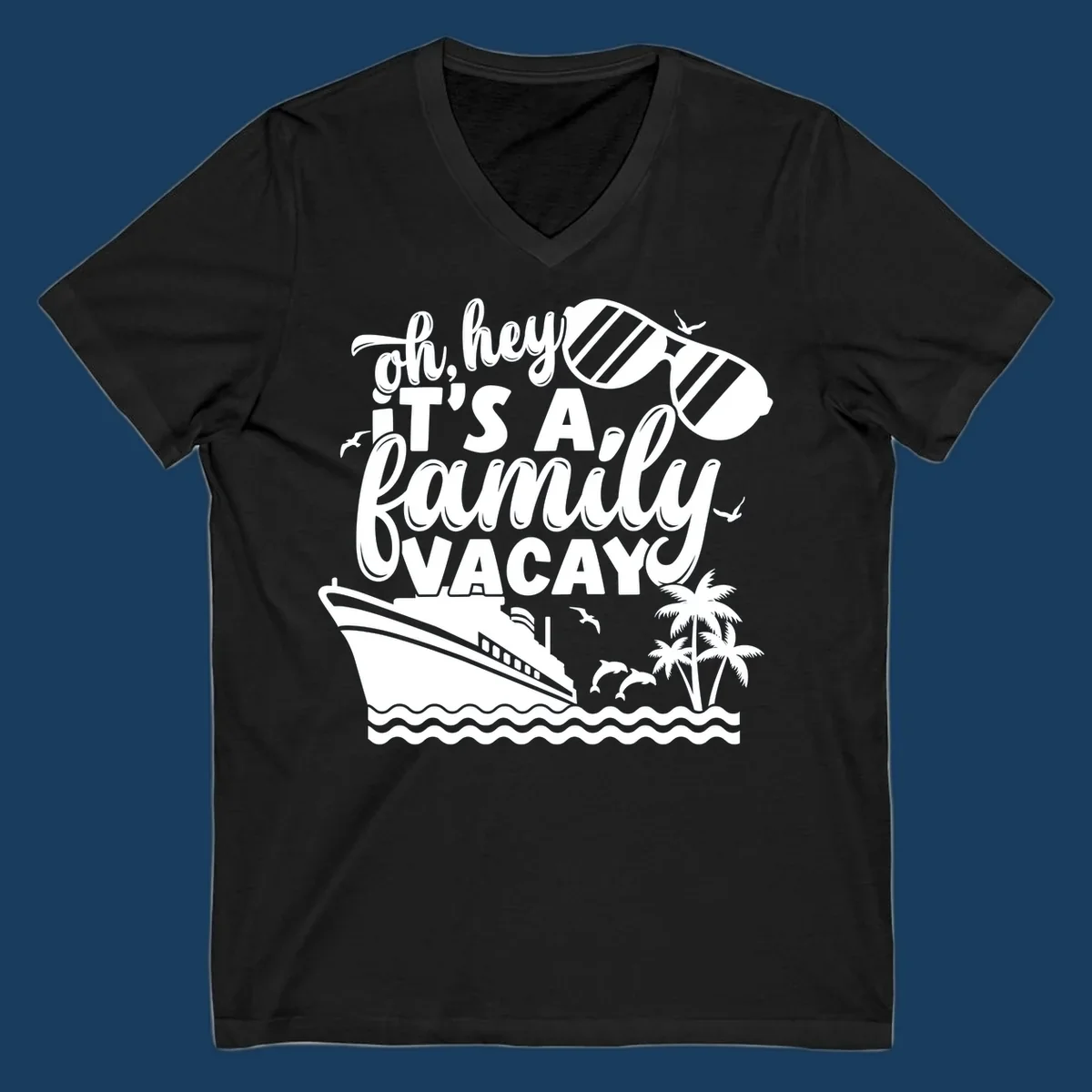 Family vacay cruise design with text, ship, palm trees, and sunglasses.