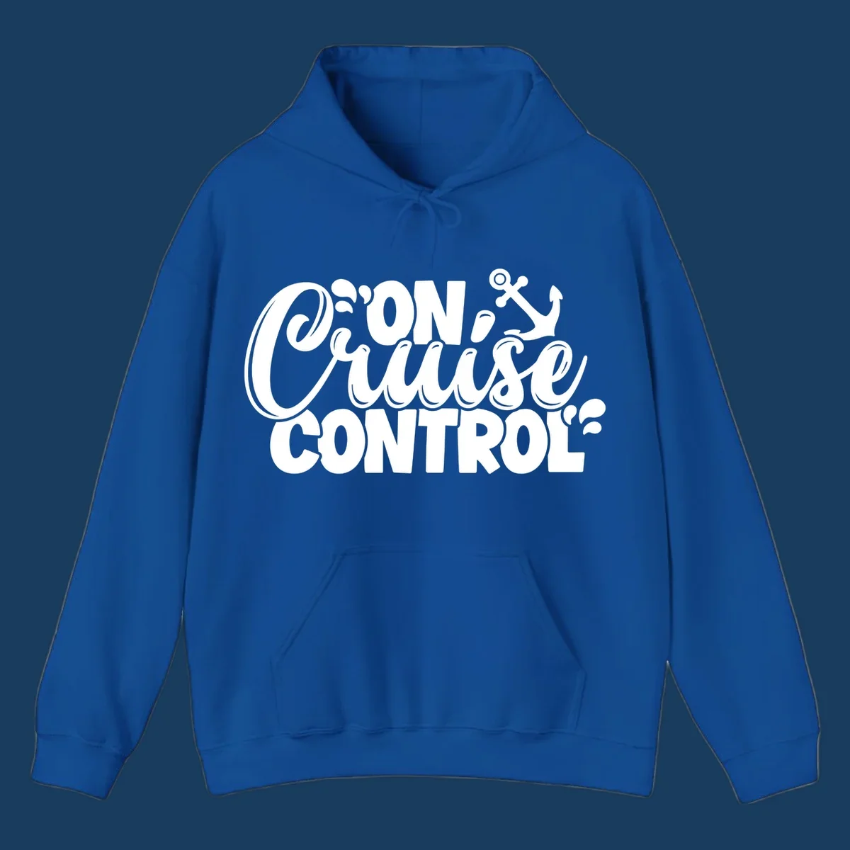 On Cruise Control text with anchor and water splashes graphic for a funny cruise shirt.