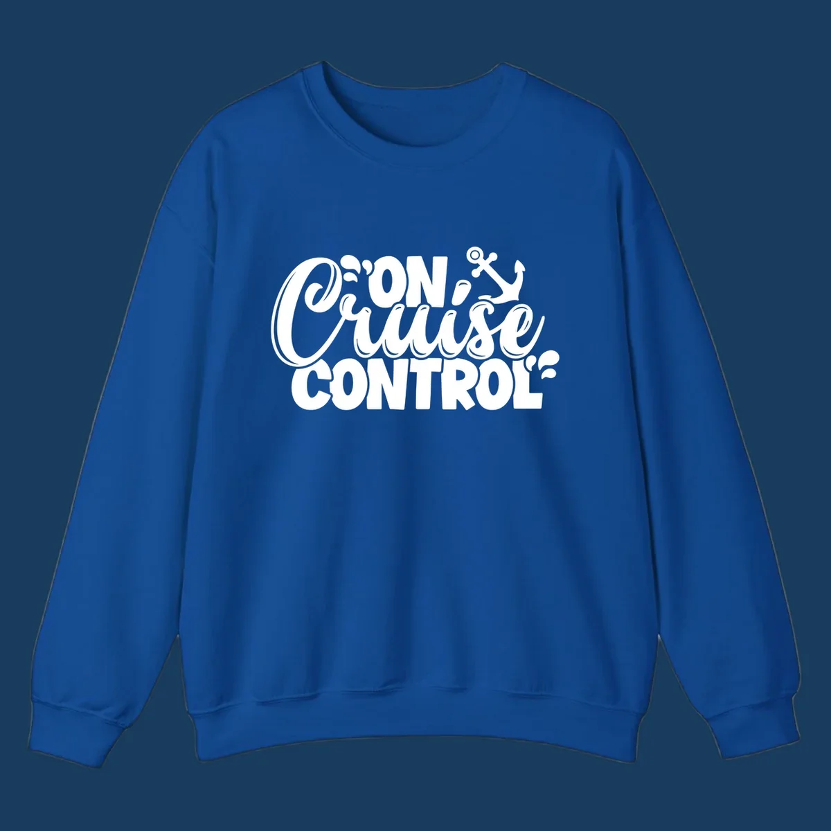 On Cruise Control text with anchor and water splashes graphic for a funny cruise shirt.