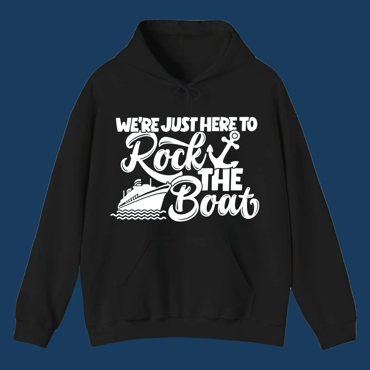 Illustration of text 'WE'RE JUST HERE TO Rock THE Boat' with cruise ship and anchor graphics for rock-the-boat-cruise designs.