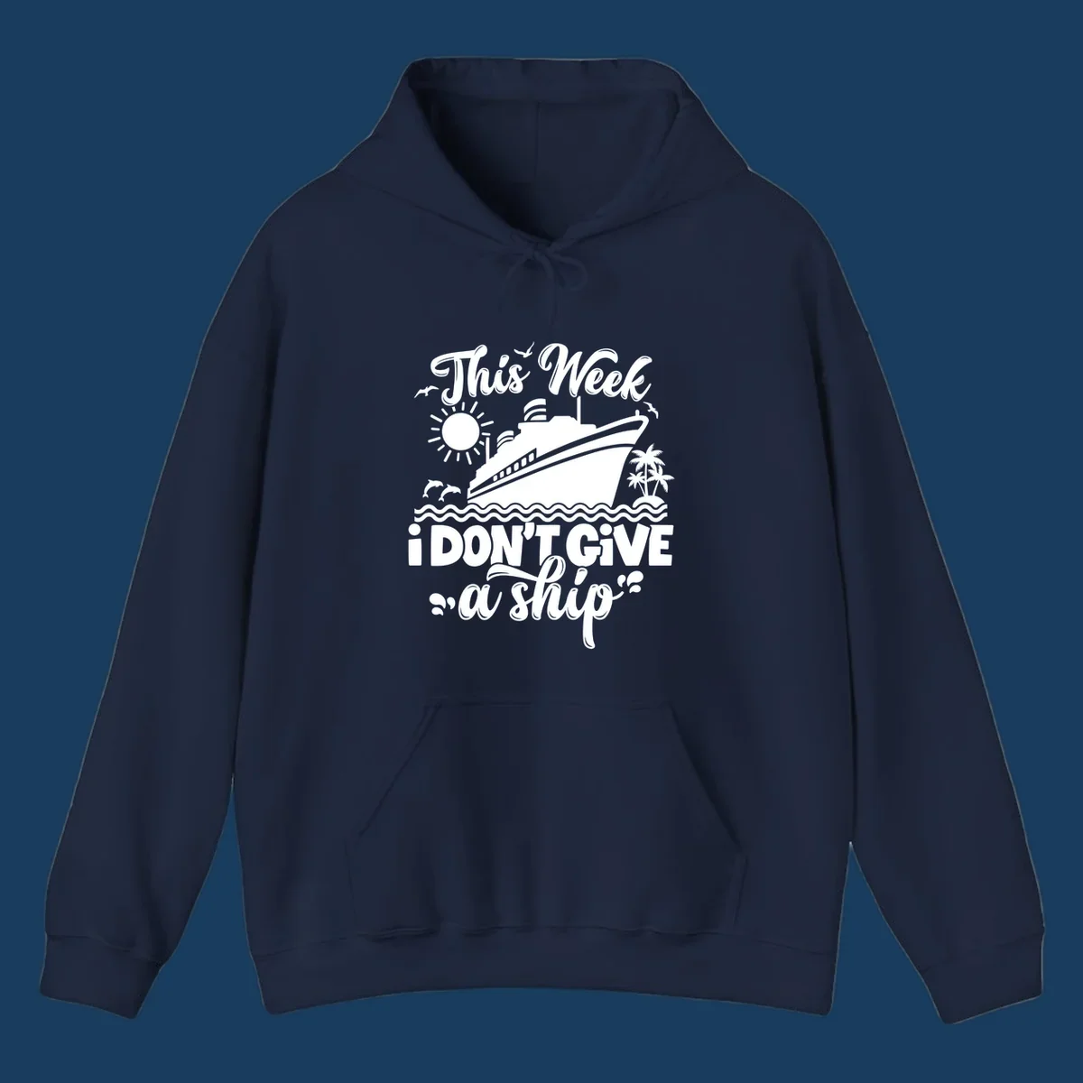 Cruise ship sailing with text 'This week I don't give a ship', featuring dolphins and palm trees.