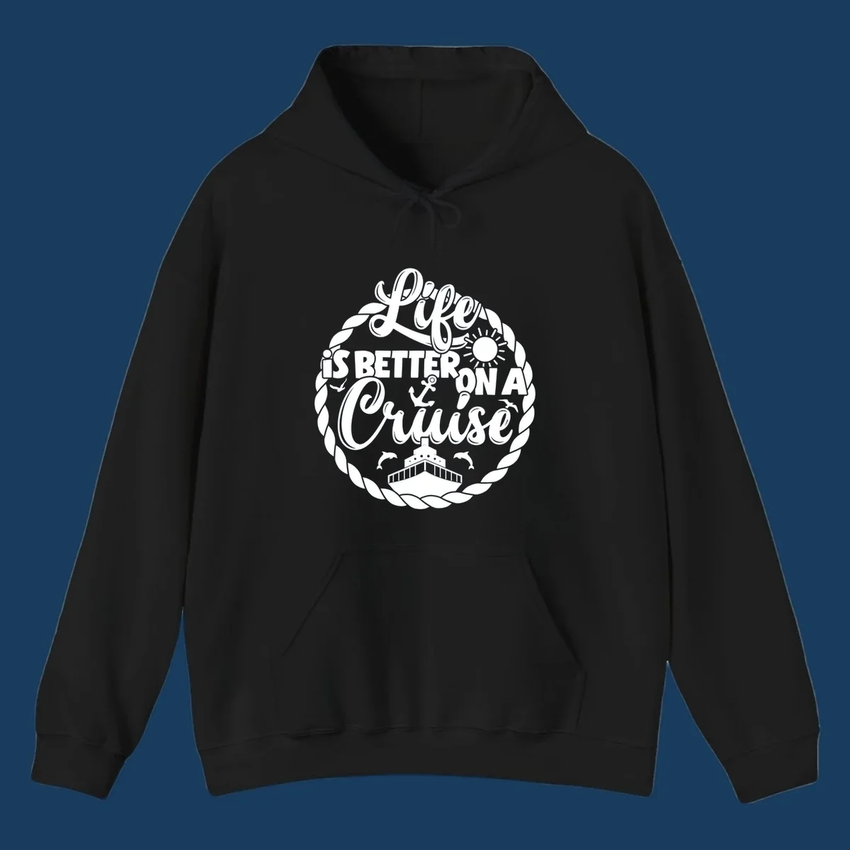Life is better on a cruise design with ship, dolphins, sun, and rope border.