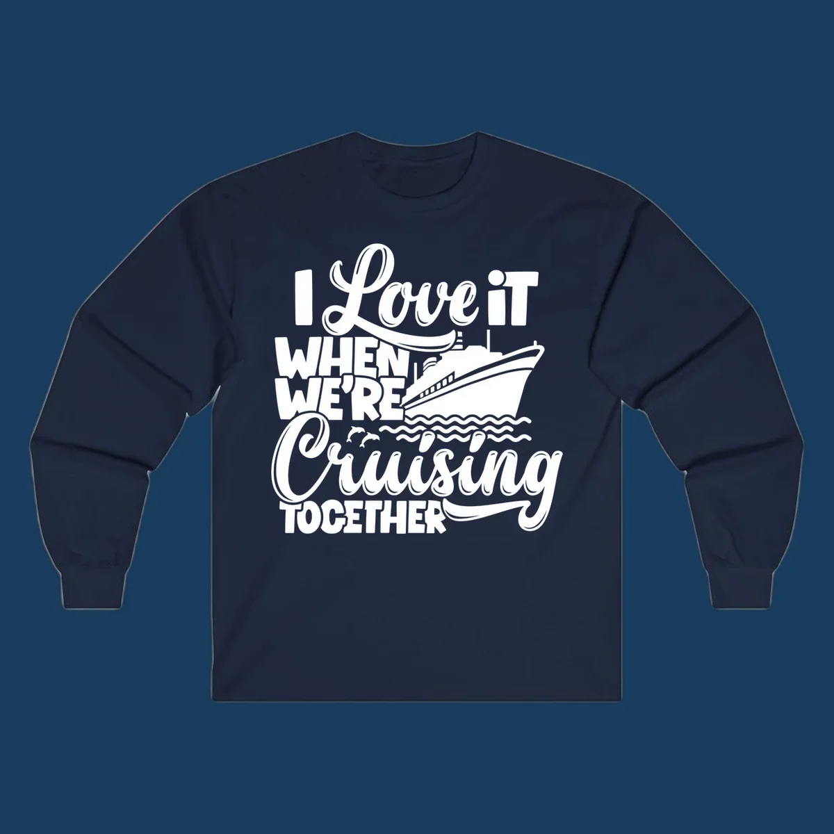 White text and illustration of a cruise ship, ocean waves, and dolphins for 'cruising-together-cruise'.