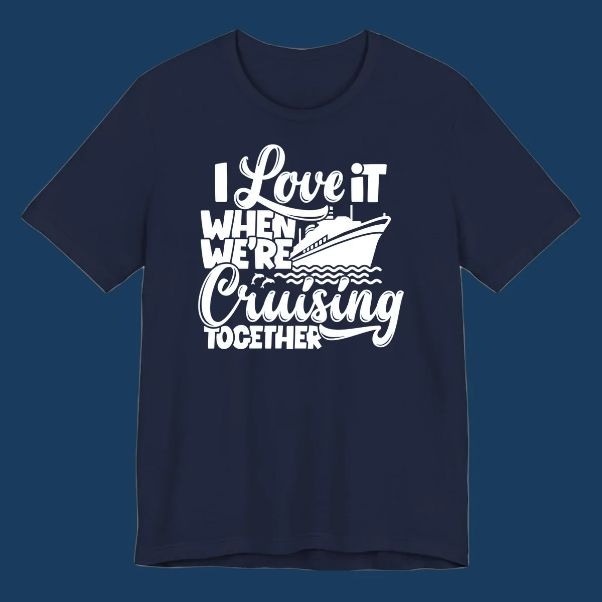 White text and illustration of a cruise ship, ocean waves, and dolphins for 'cruising-together-cruise'.