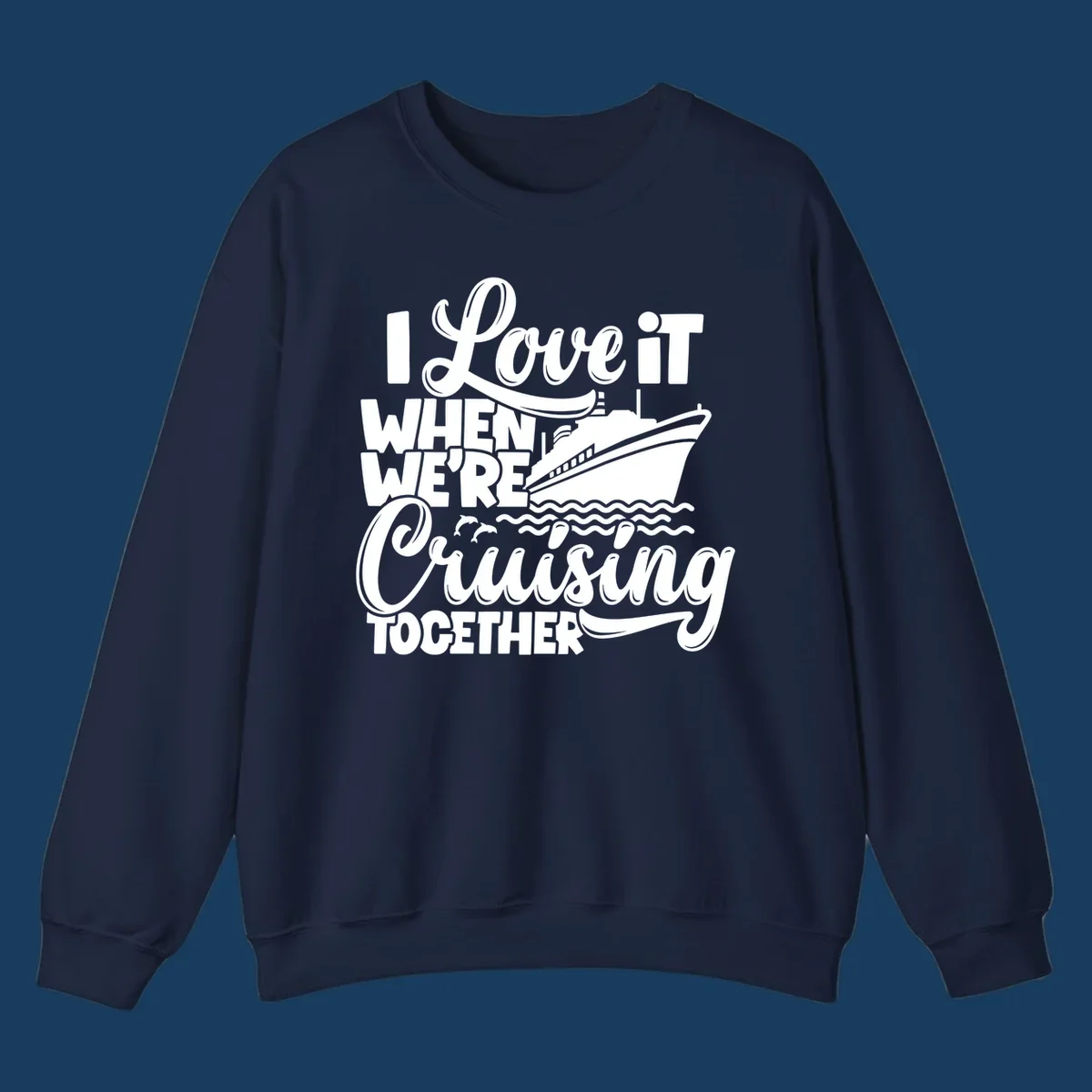 White text and illustration of a cruise ship, ocean waves, and dolphins for 'cruising-together-cruise'.