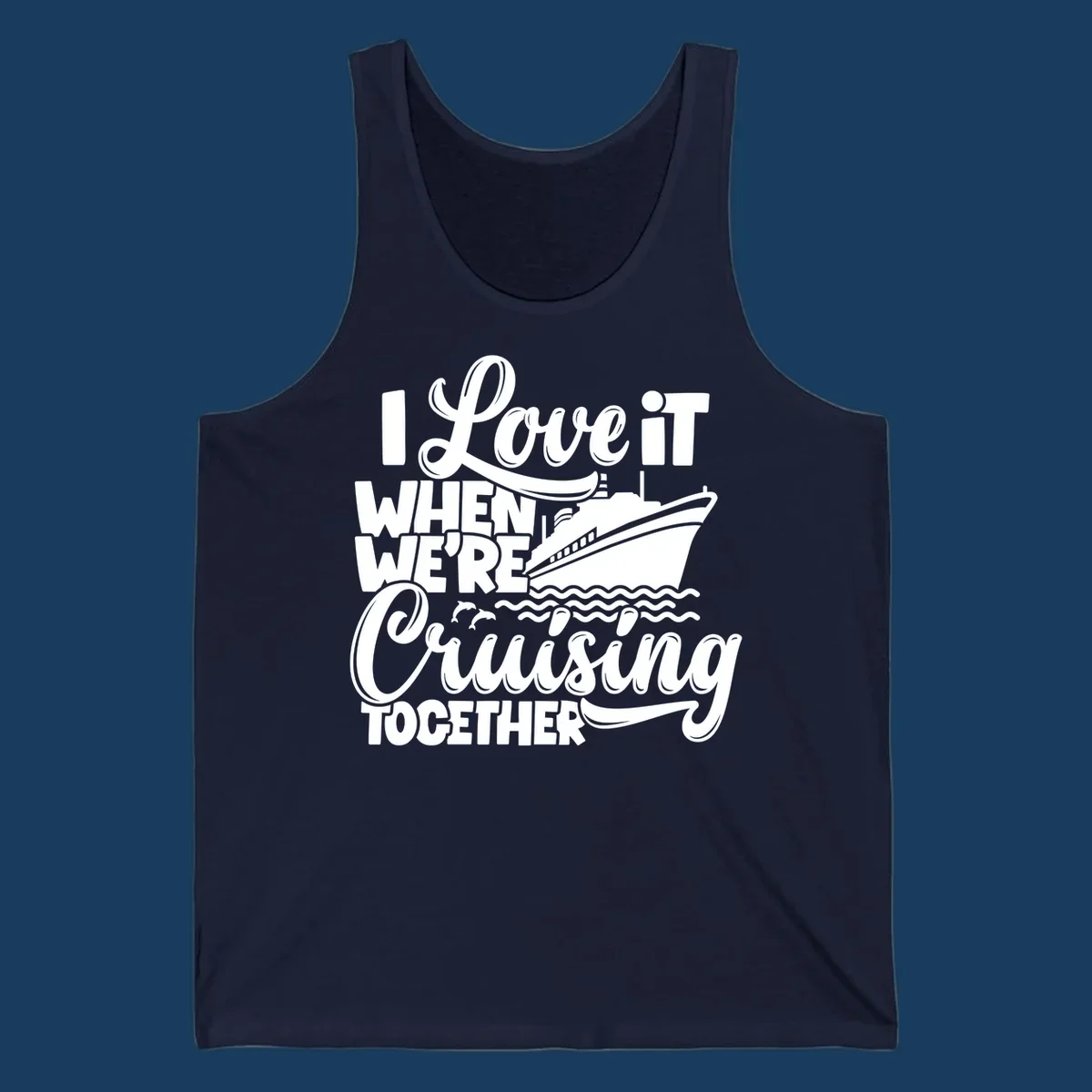 White text and illustration of a cruise ship, ocean waves, and dolphins for 'cruising-together-cruise'.