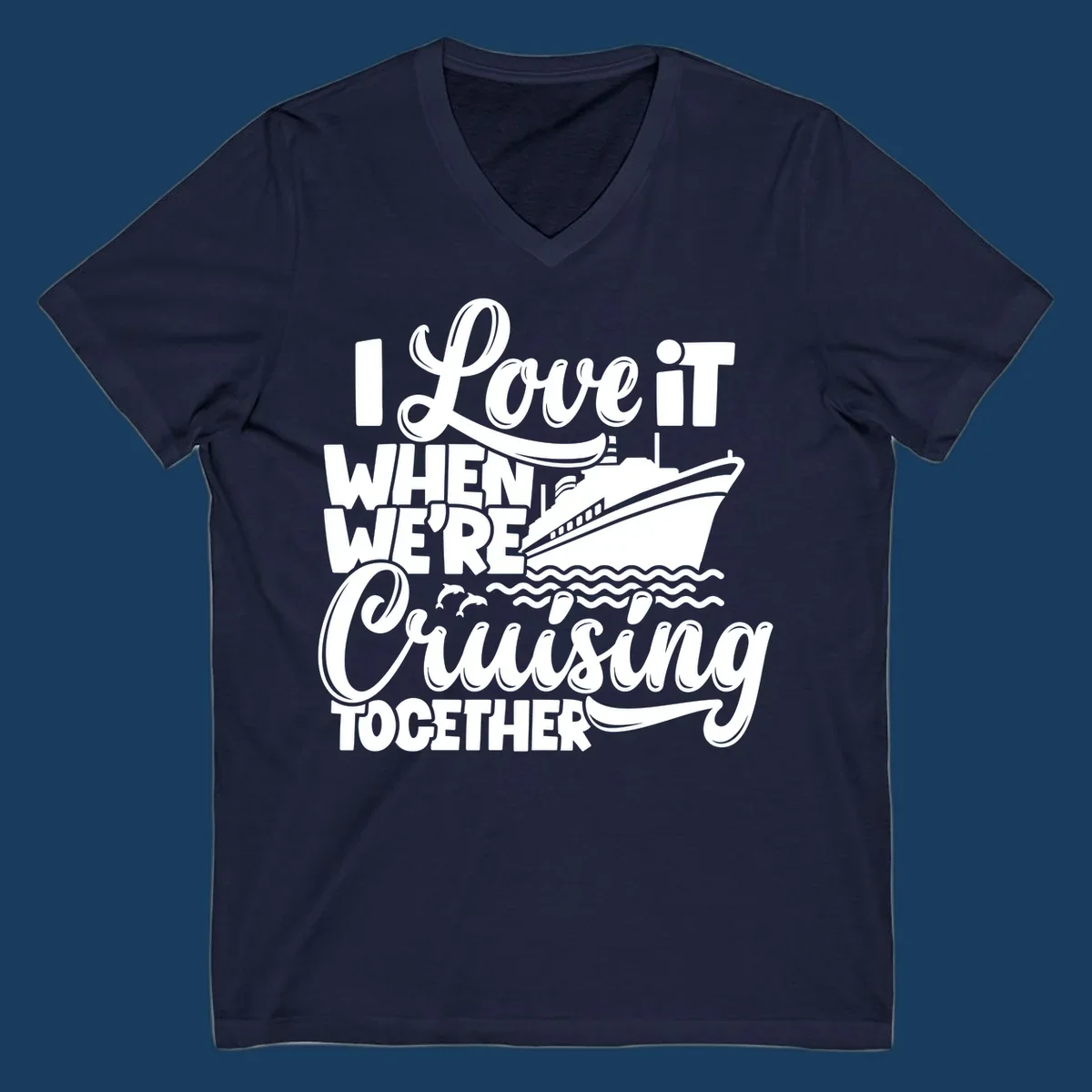 White text and illustration of a cruise ship, ocean waves, and dolphins for 'cruising-together-cruise'.