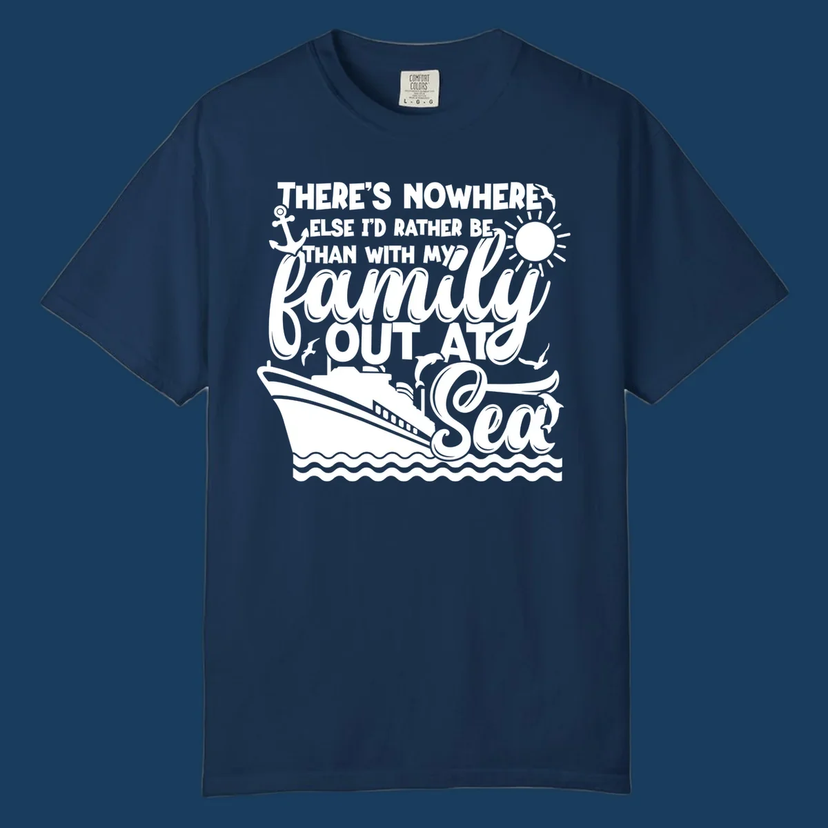 Family cruise out at sea design with text, ship, sun, anchor, birds, and dolphins.