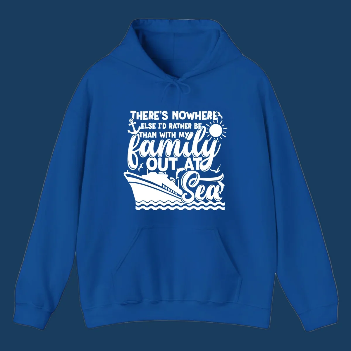 Family cruise out at sea design with text, ship, sun, anchor, birds, and dolphins.