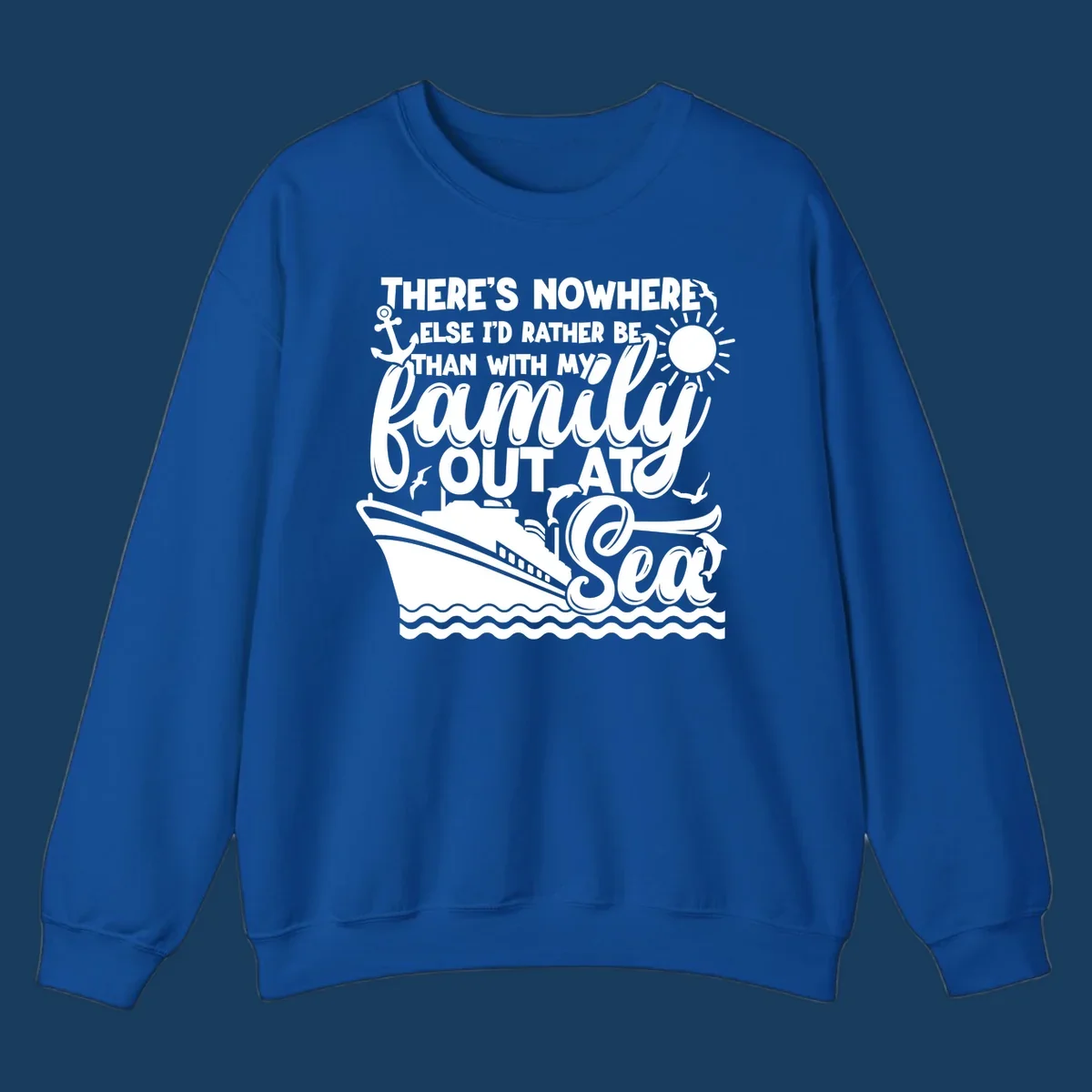 Family cruise out at sea design with text, ship, sun, anchor, birds, and dolphins.