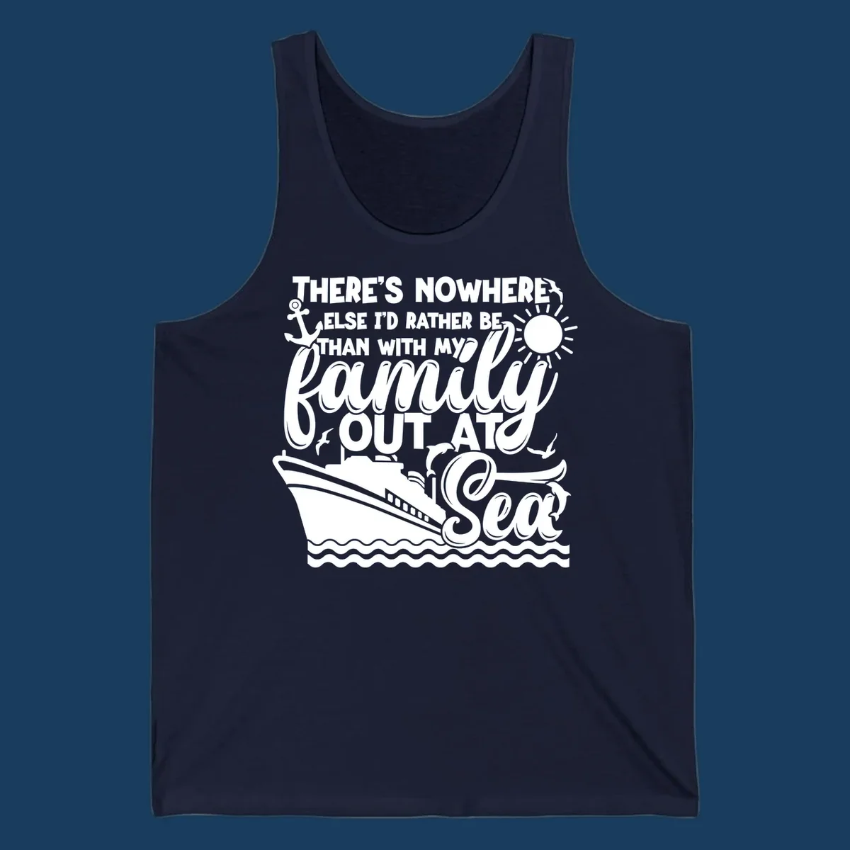 Family cruise out at sea design with text, ship, sun, anchor, birds, and dolphins.