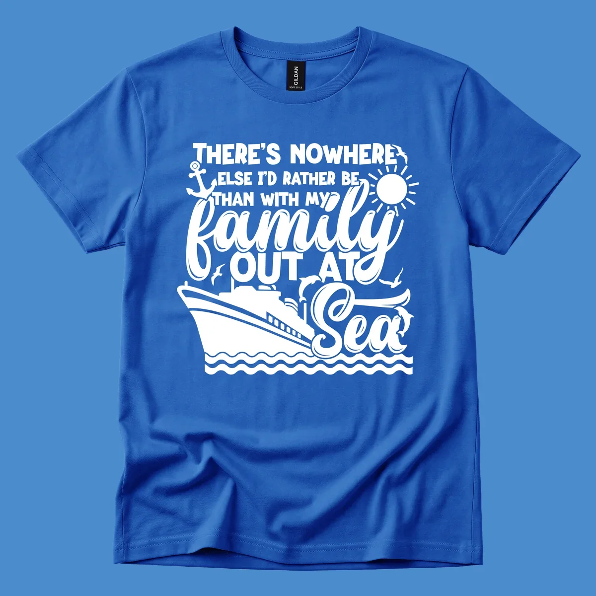 Family cruise out at sea design with text, ship, sun, anchor, birds, and dolphins.