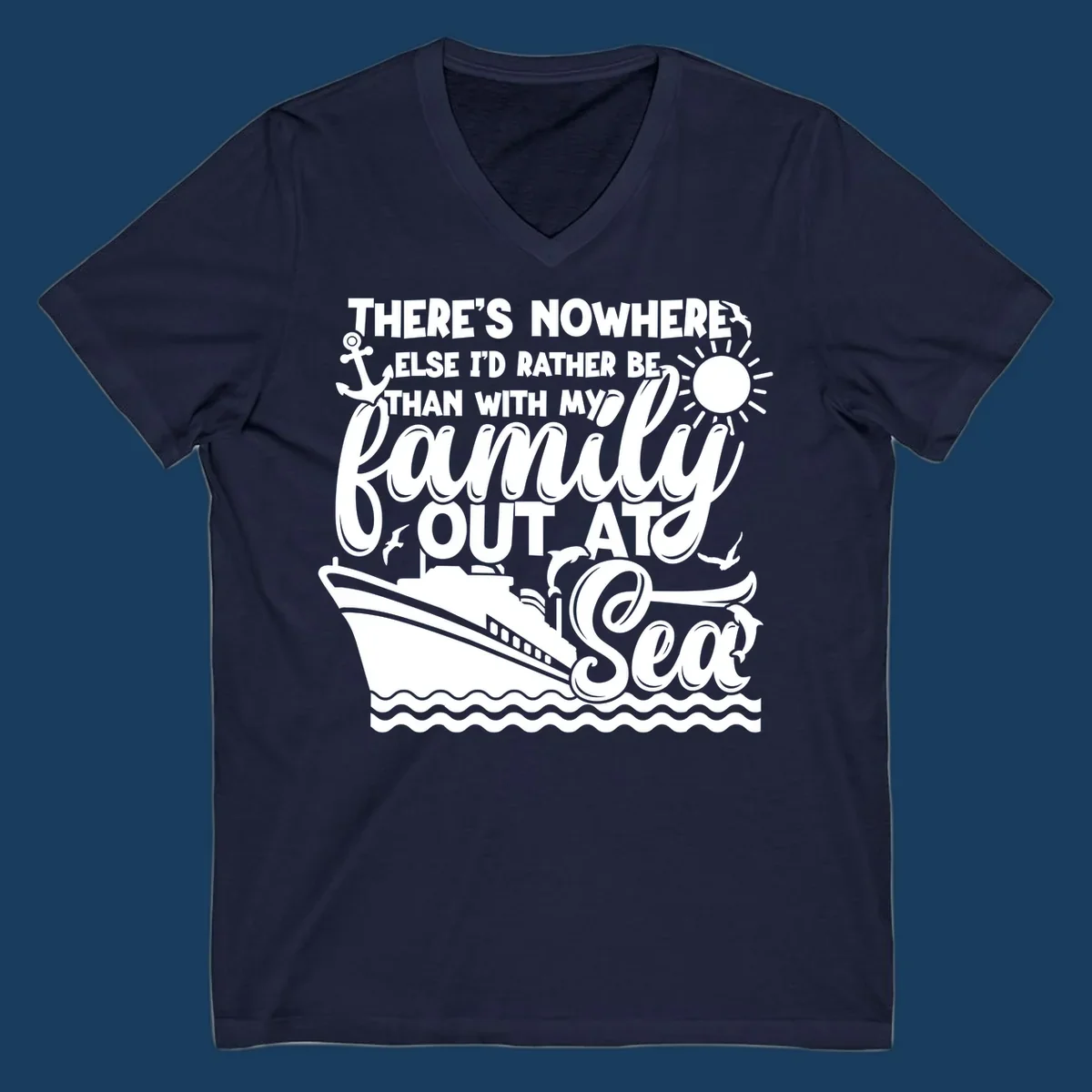 Family cruise out at sea design with text, ship, sun, anchor, birds, and dolphins.