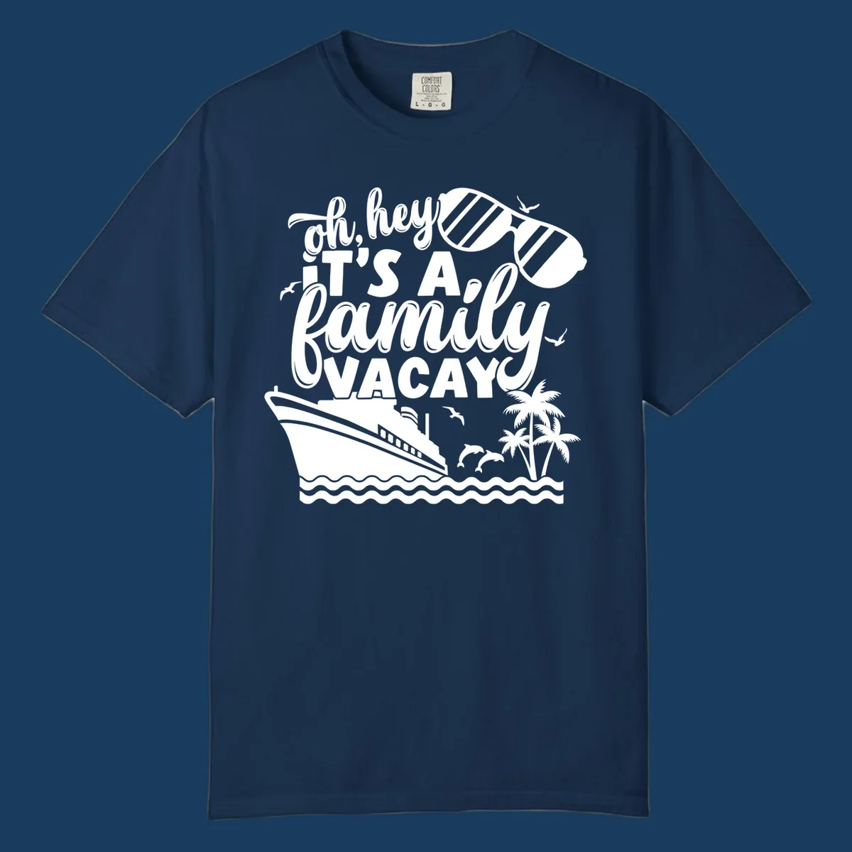 Family vacay cruise text with ship, sunglasses, dolphins, and palm trees.
