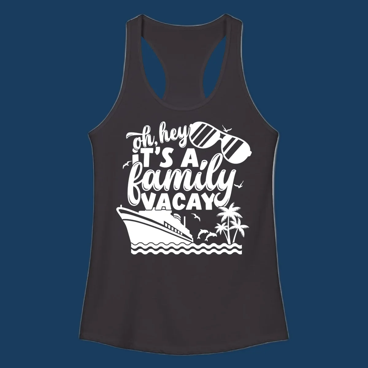 Family vacay cruise text with ship, sunglasses, dolphins, and palm trees.
