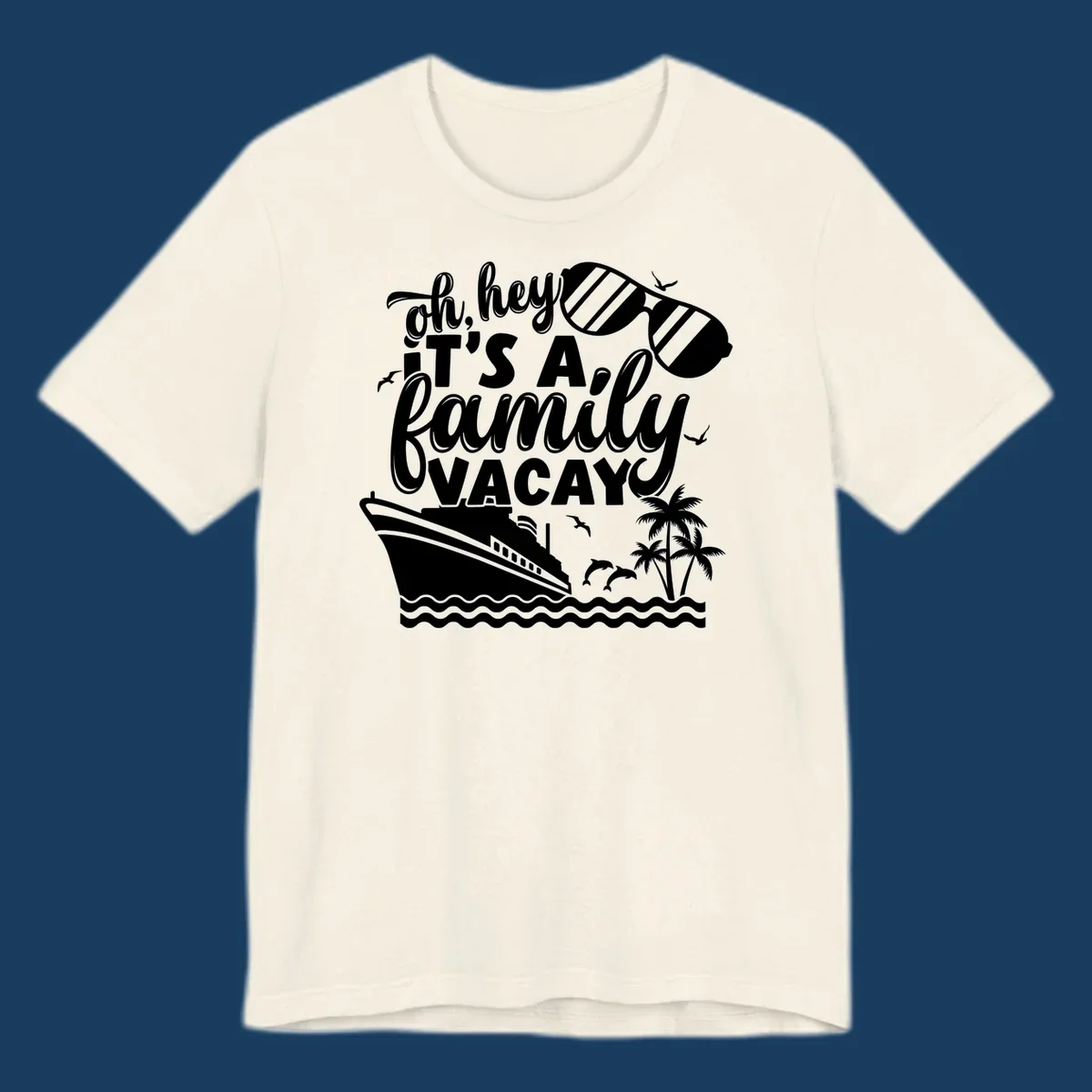 Family vacay cruise text with ship, sunglasses, dolphins, and palm trees.