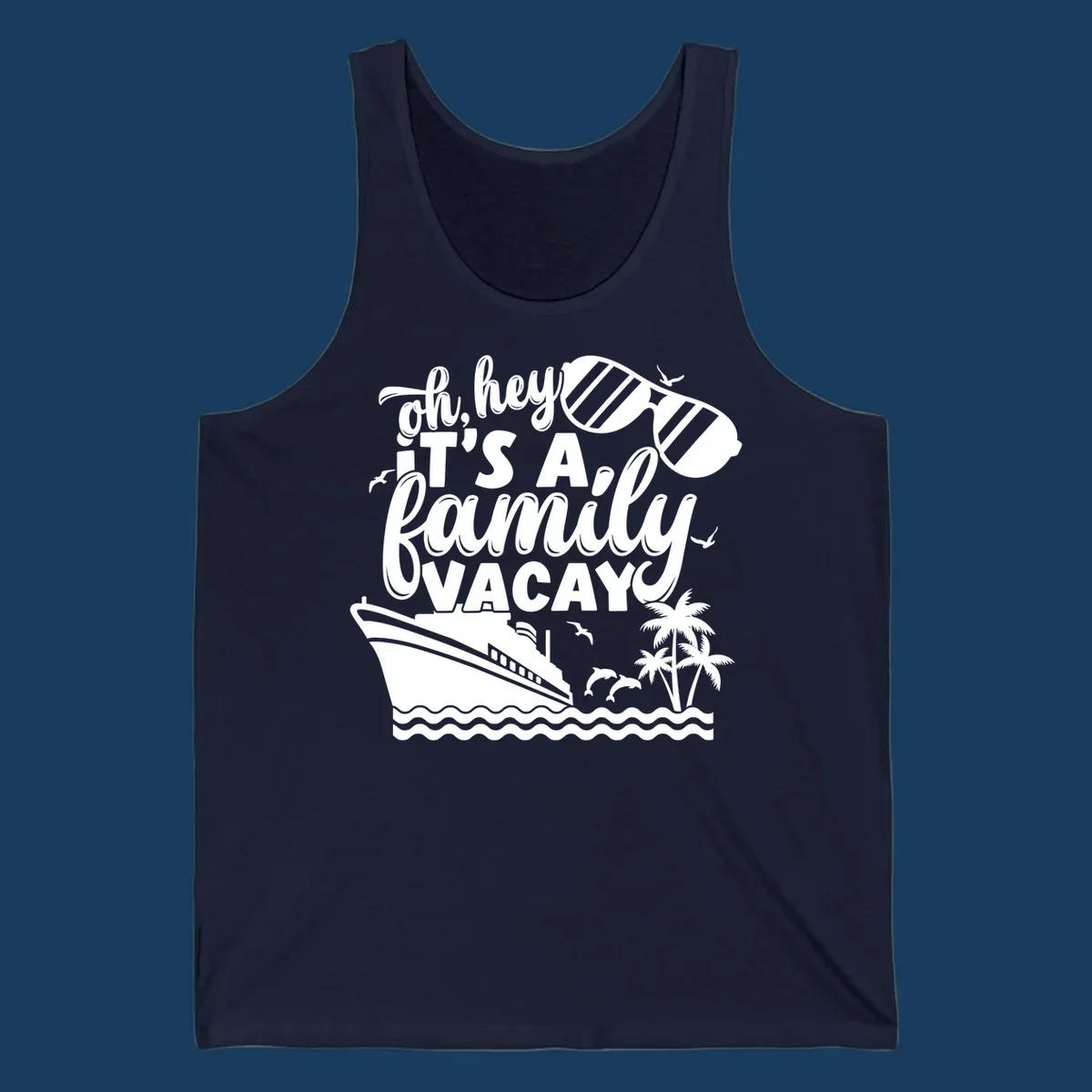 Family vacay cruise text with ship, sunglasses, dolphins, and palm trees.