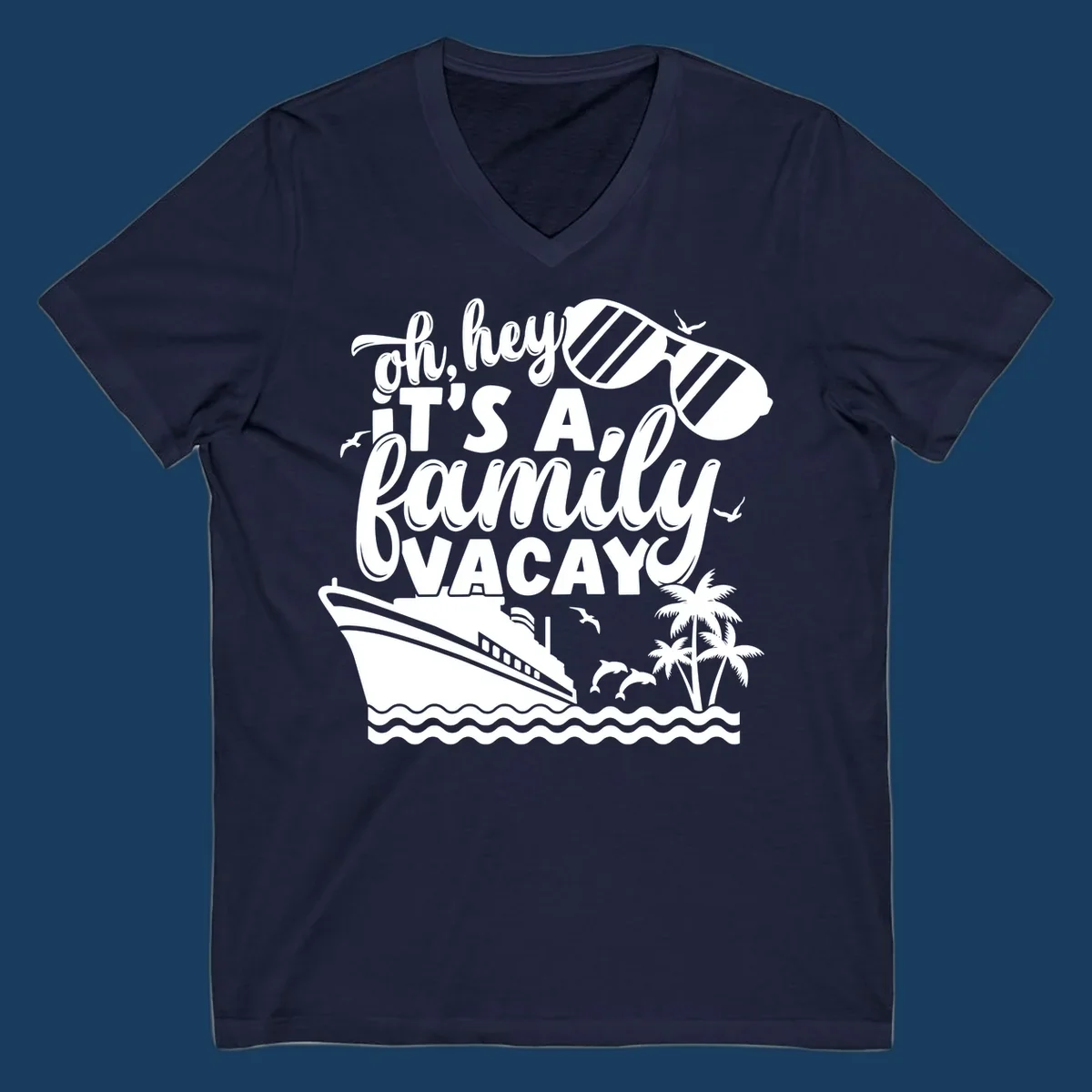 Family vacay cruise text with ship, sunglasses, dolphins, and palm trees.