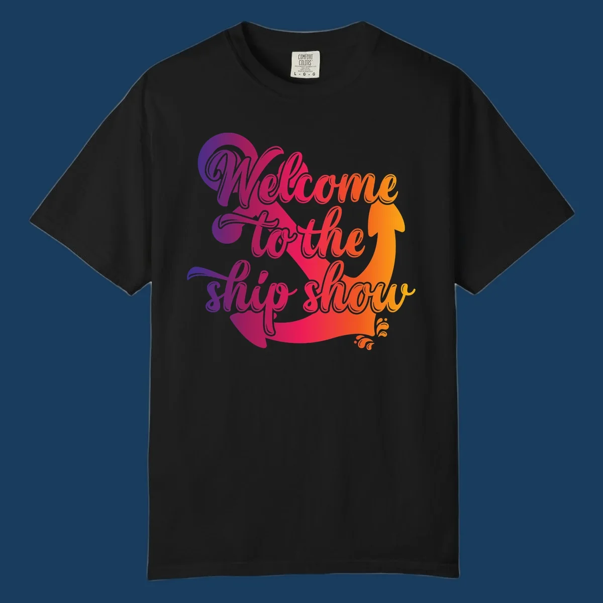 Welcome to the ship show text with anchor graphic for cruise vacation.