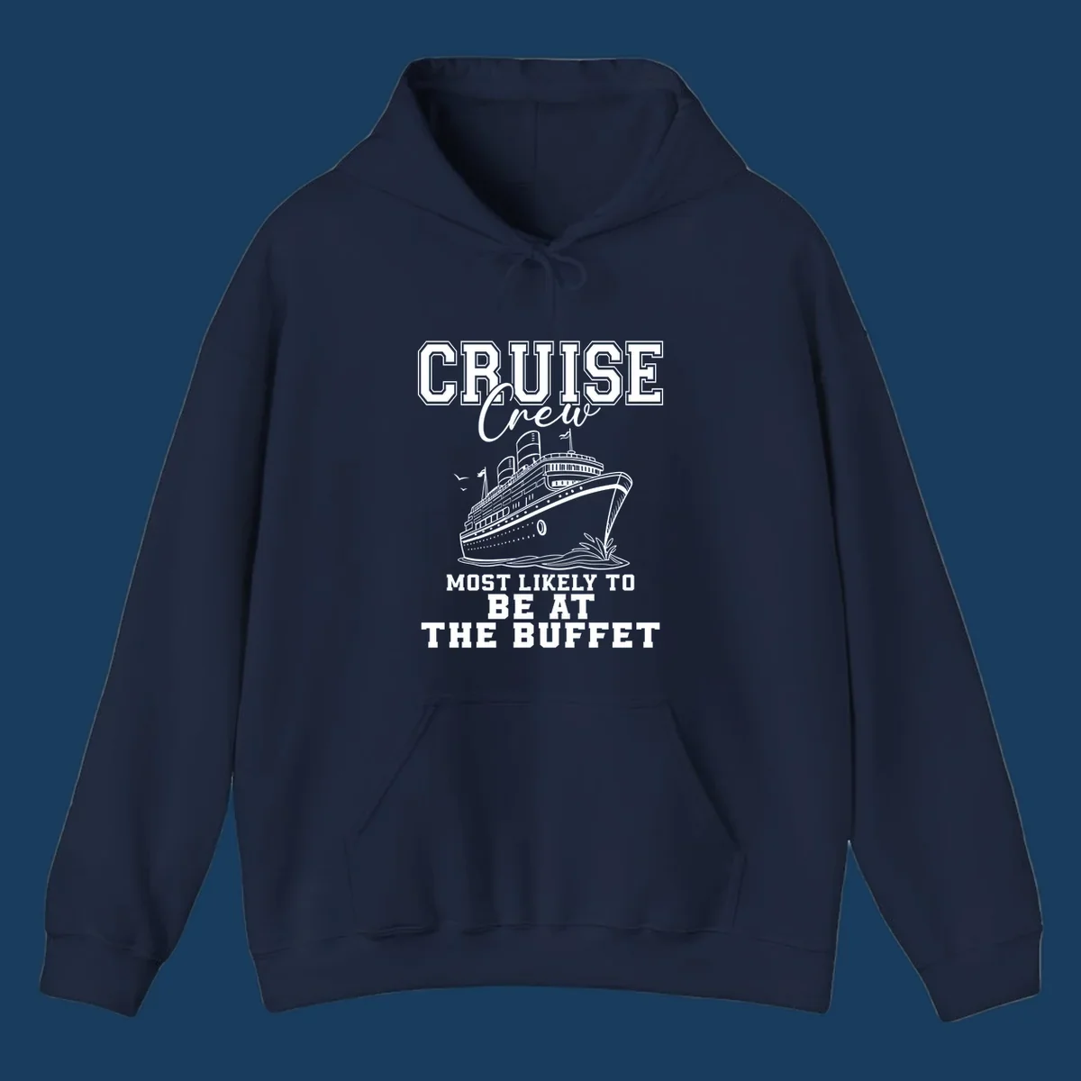 Cruise crew most likely to be at the buffet text with cruise ship illustration.