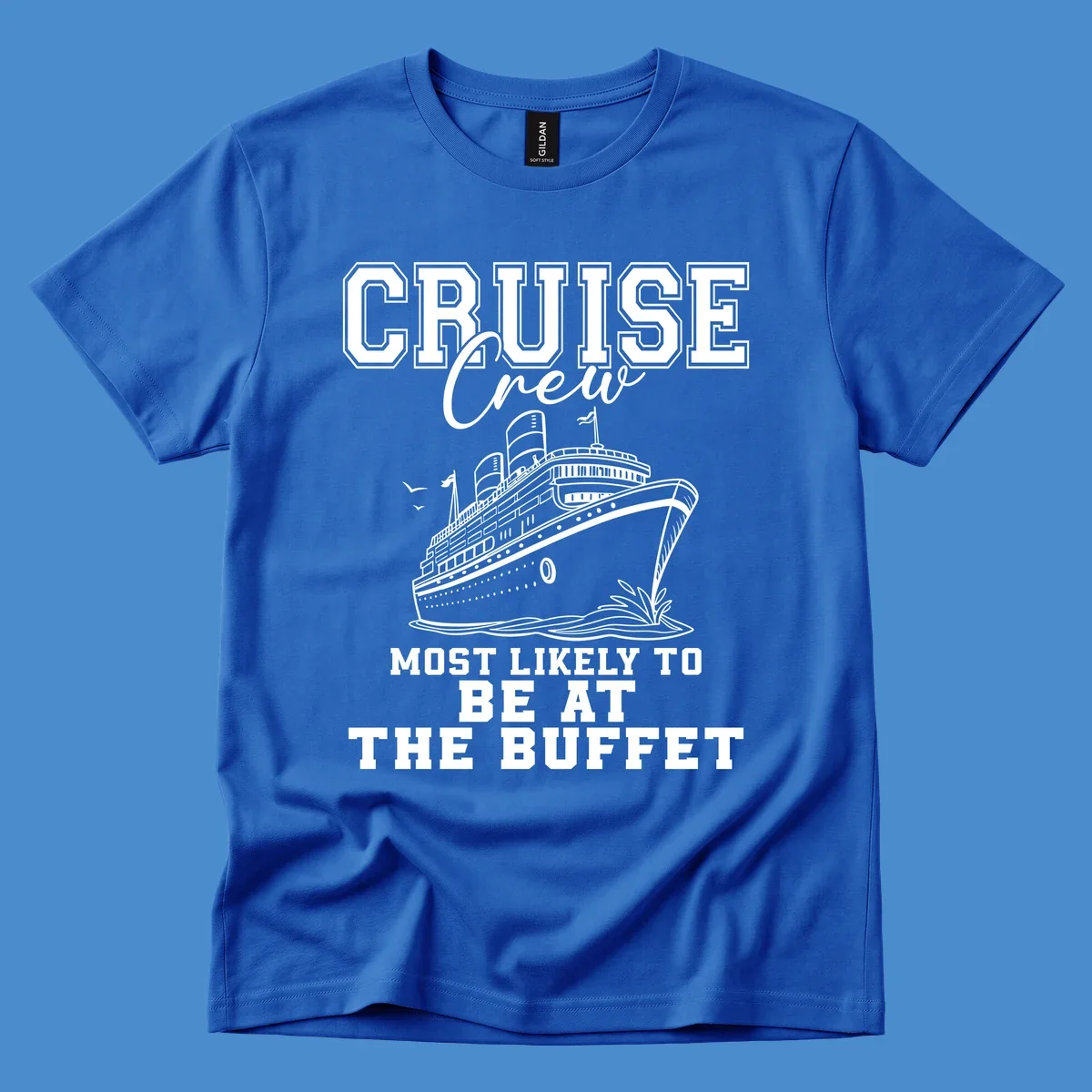 Cruise crew most likely to be at the buffet text with cruise ship illustration.